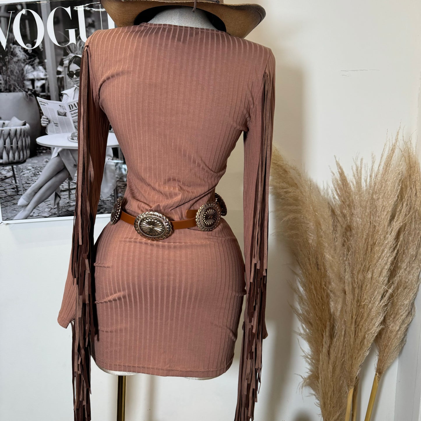 Fringe Rib Bodycon Dress-Brown