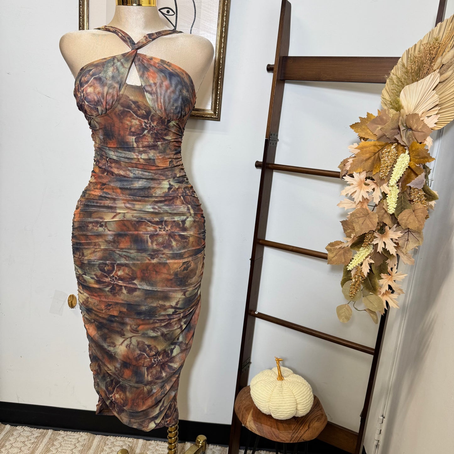 Inara Mesh Twist Halter Neck Midi Dress-Rust Multi