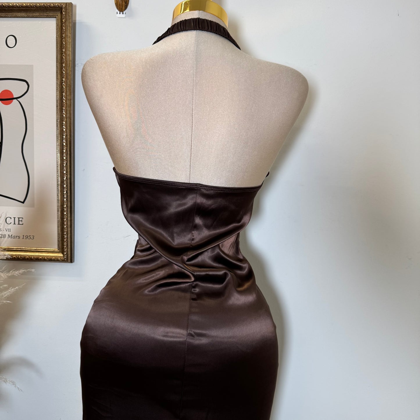 Corset Halter Satin Dress-Chocolate