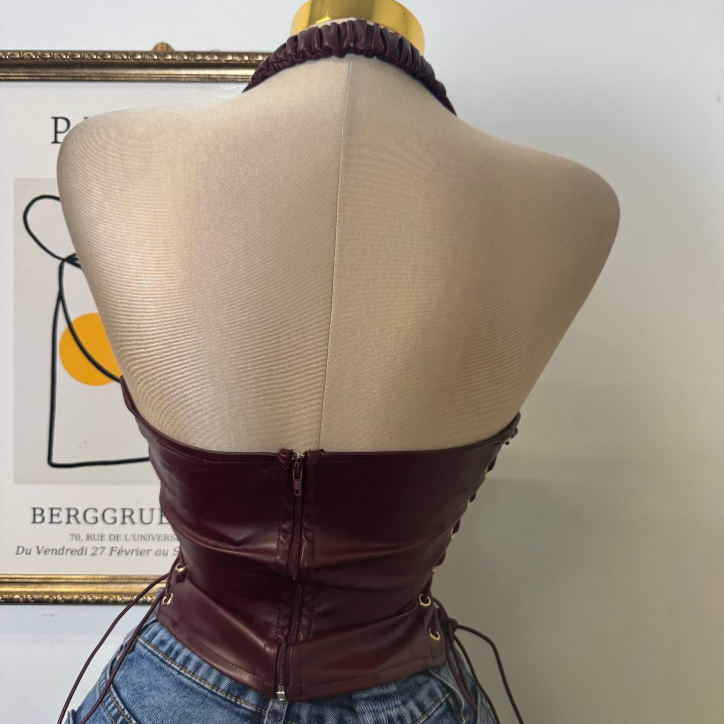Eyelet Side Detail Halter Neck Corset Top-Wine
