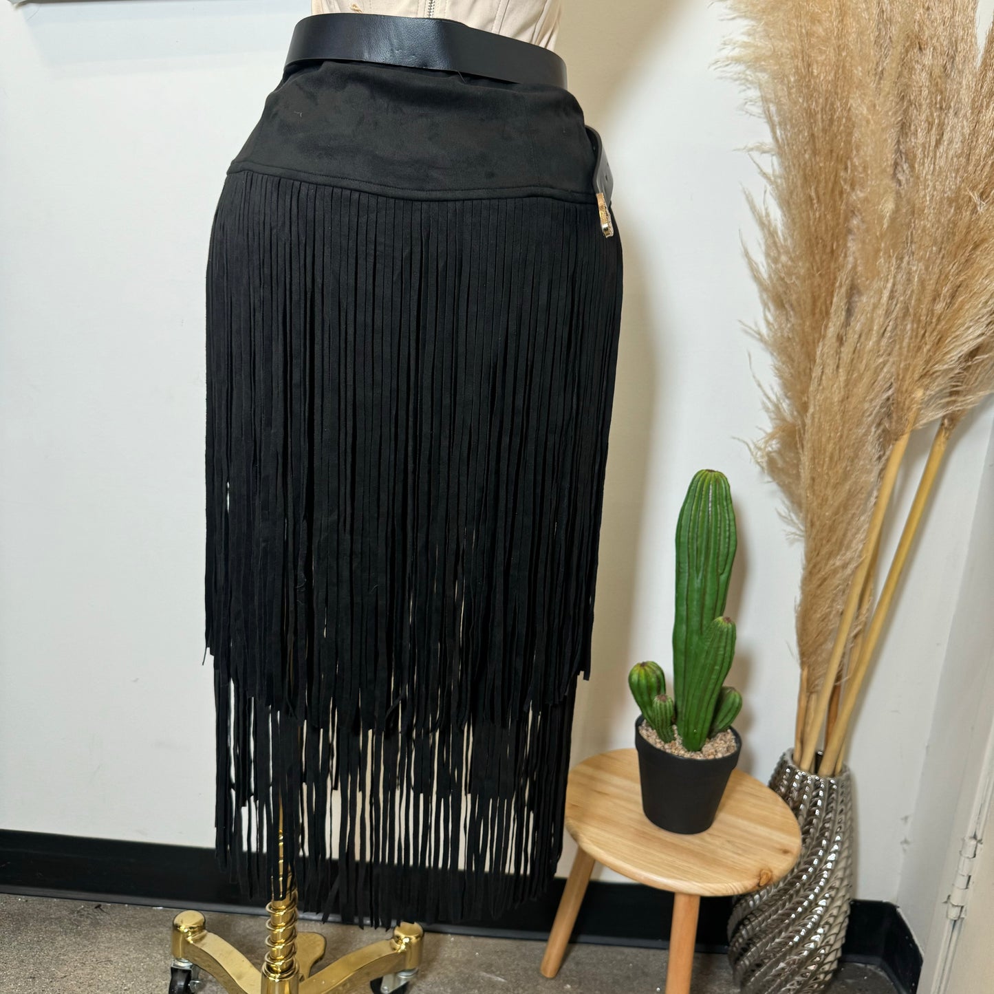 Tiered Fringe Midi Skirt Faux Suede-Black
