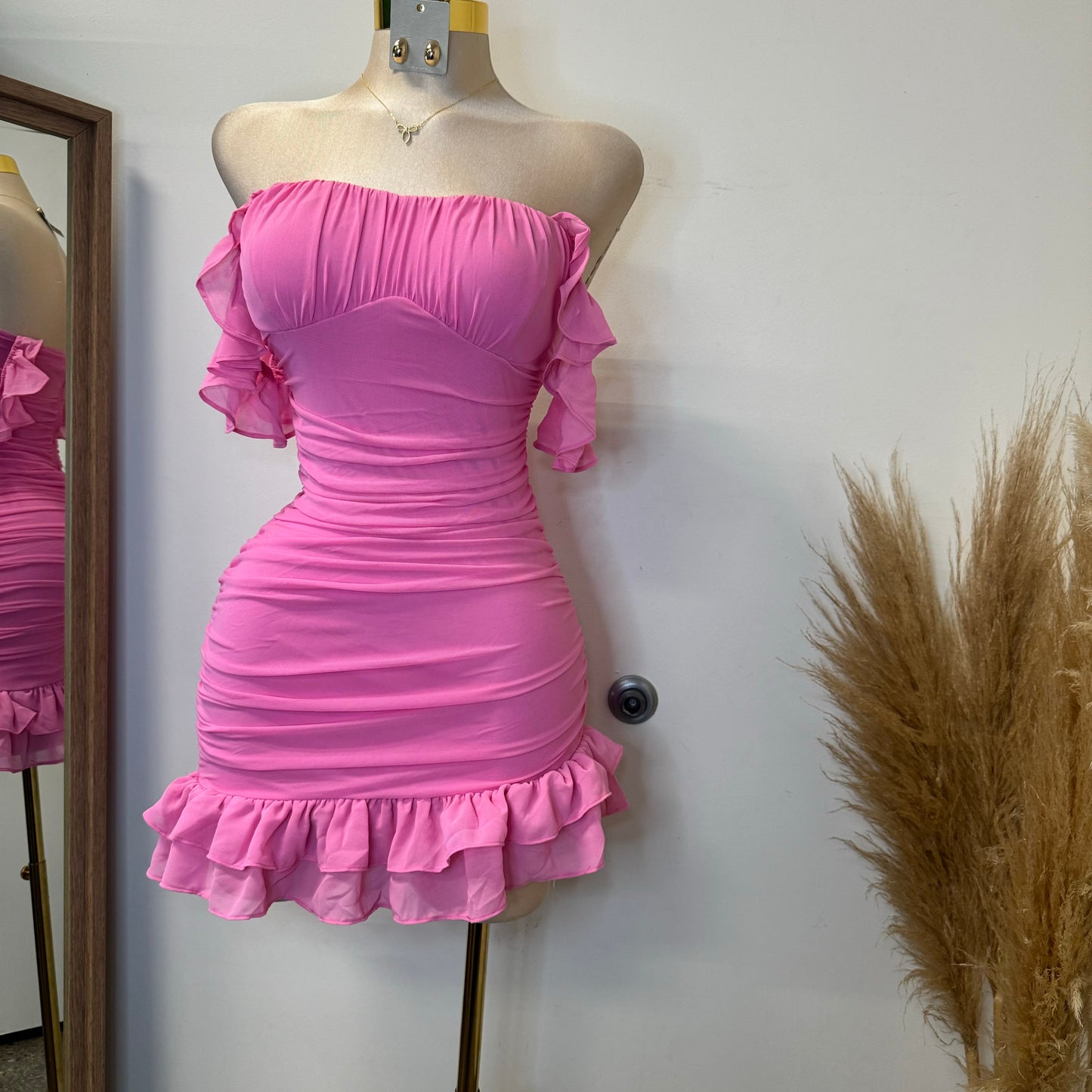 Annalise  Off Shoulder Mesh Asymmetrical Ruffle Hem Dress-Pink