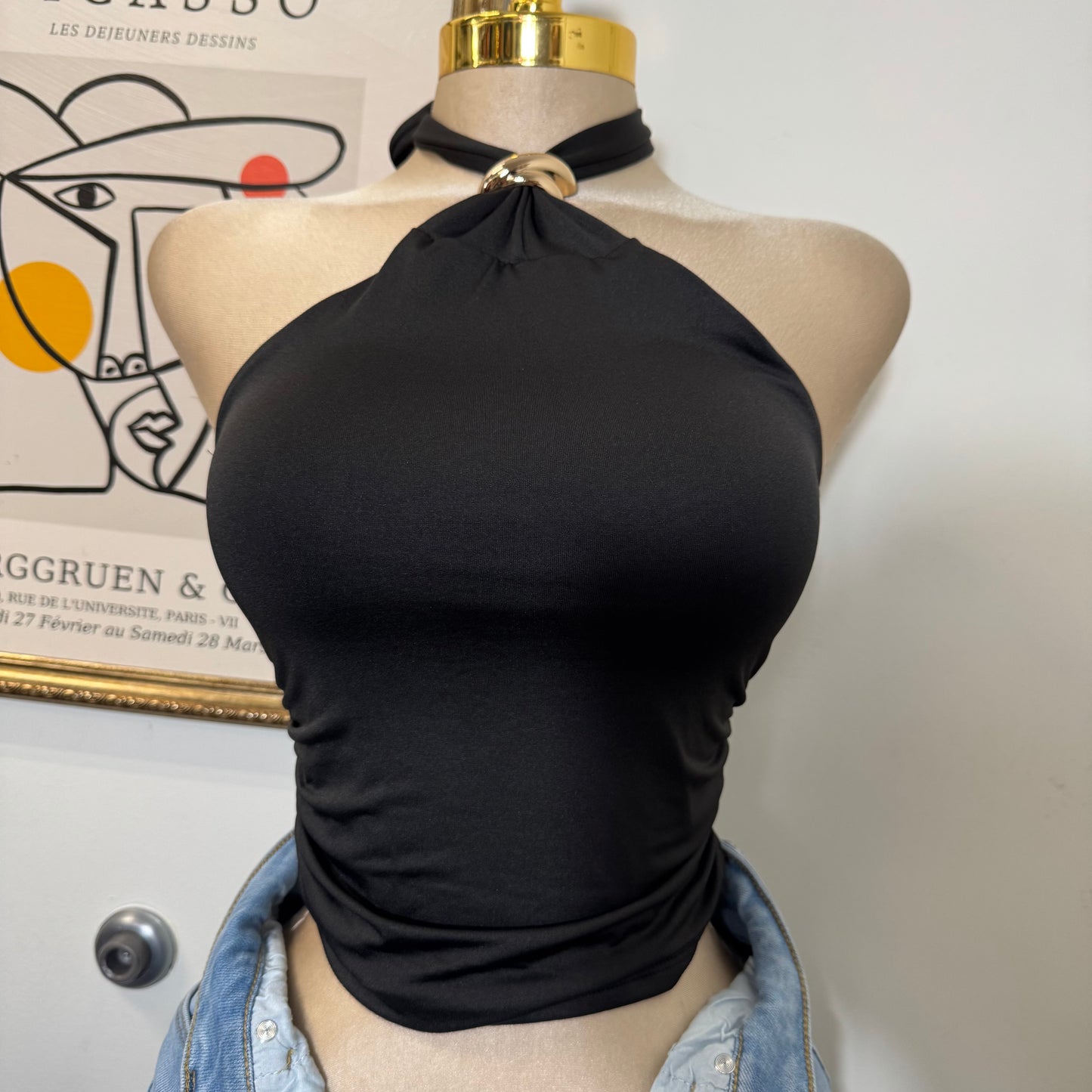 Halter Top w/ Trim Butter Jersey Fabric Gold Detail -Black