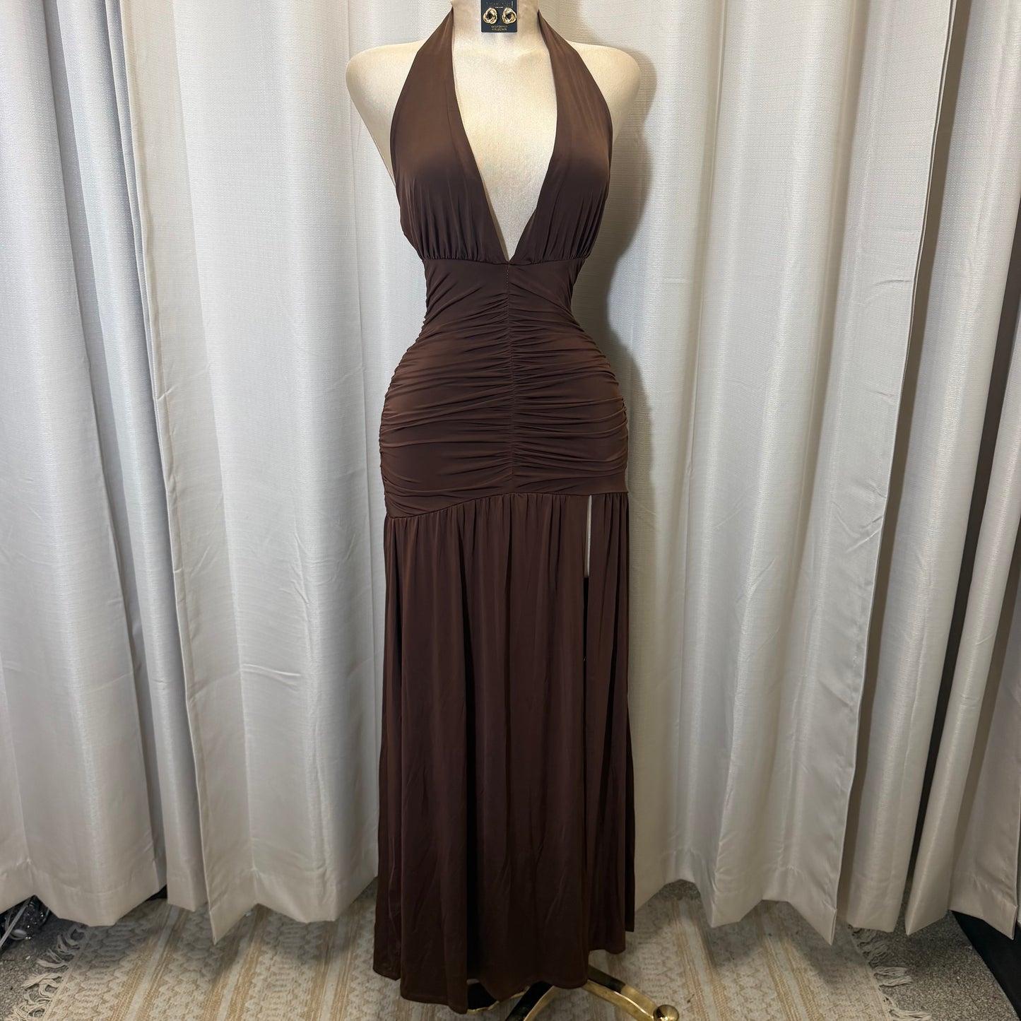 Halter Plunging Neckline Ruched Maxi Dress-brown