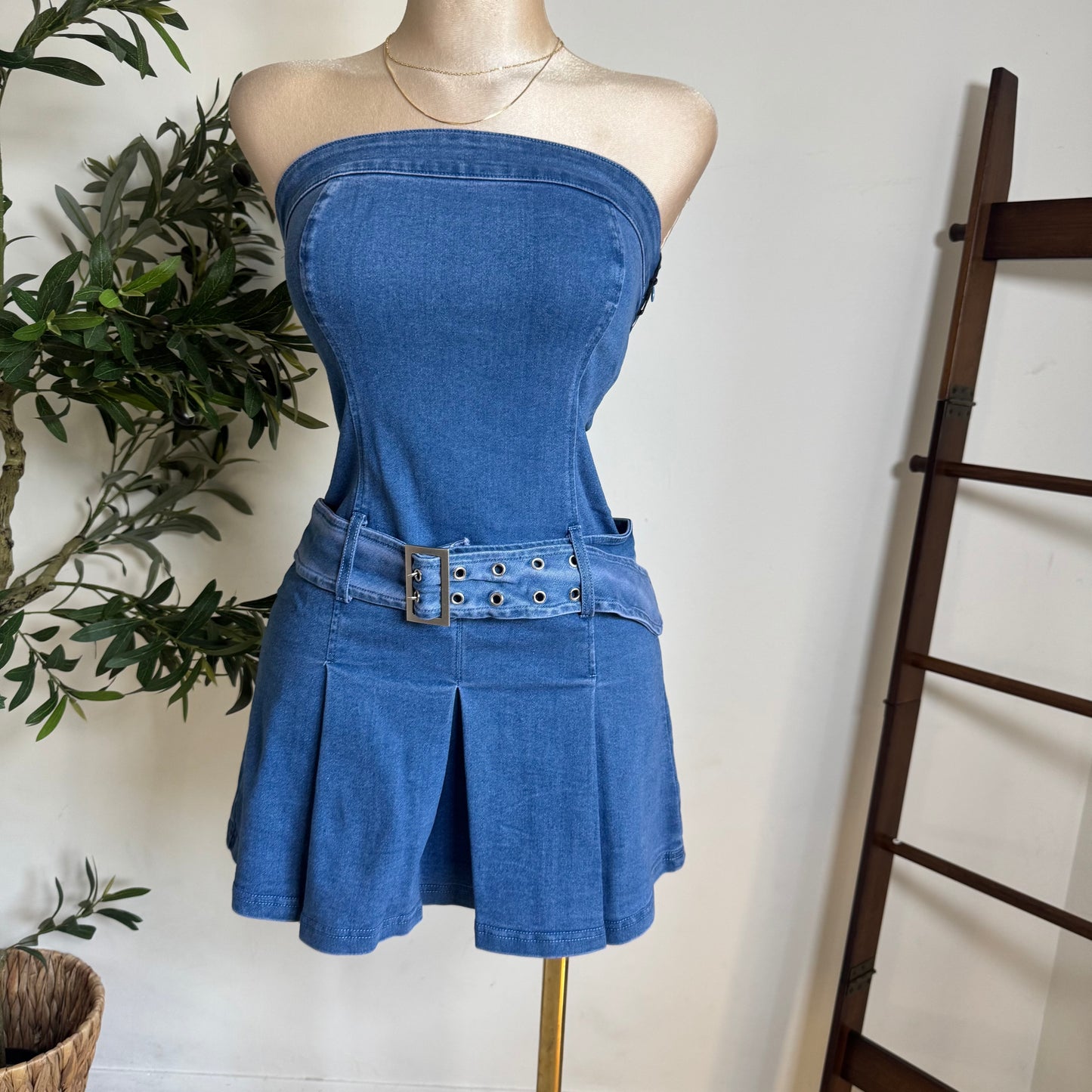 strapless Denim Belted Dress-Denim