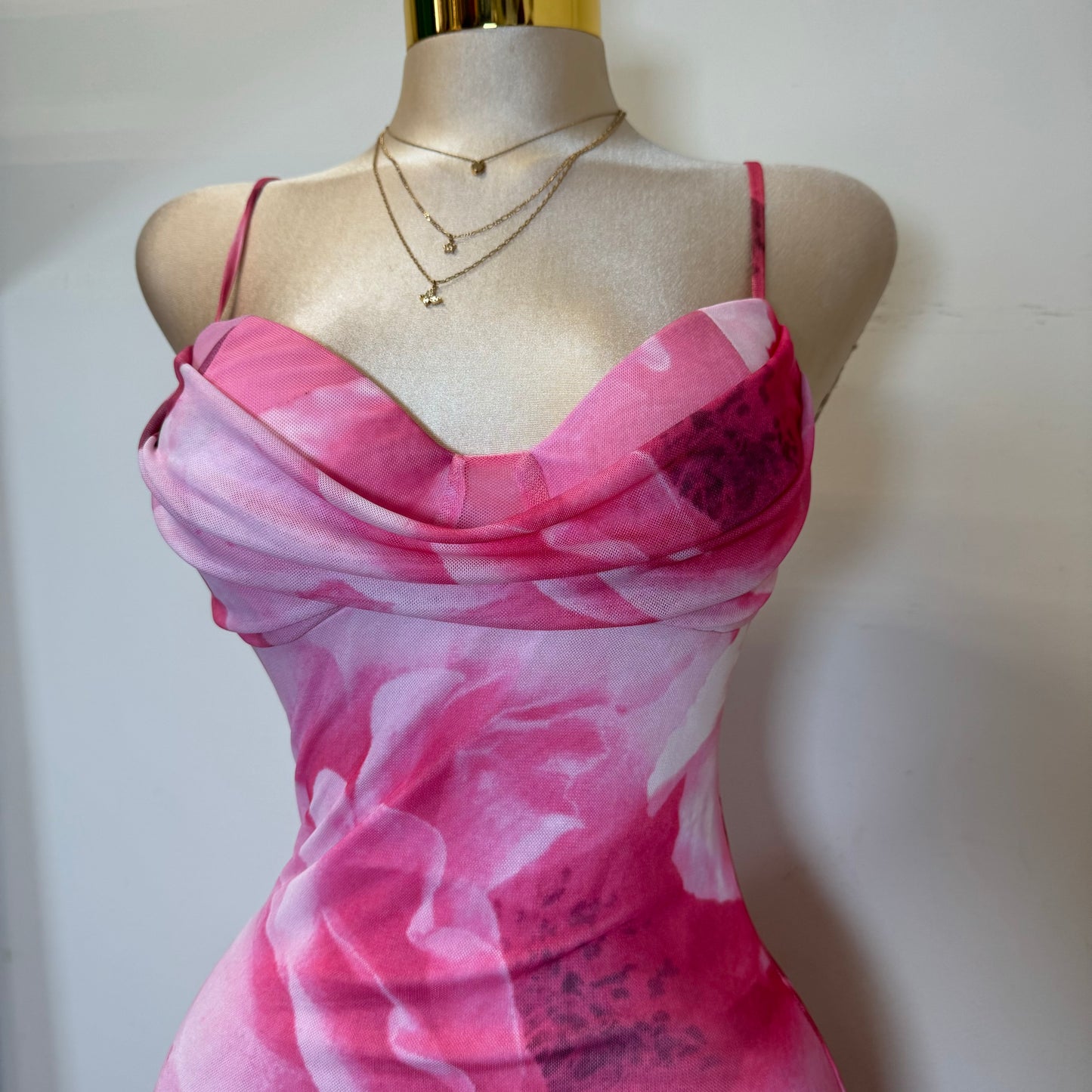 Zabrina Floral Ruffle Slit Mesh Dress-Pink