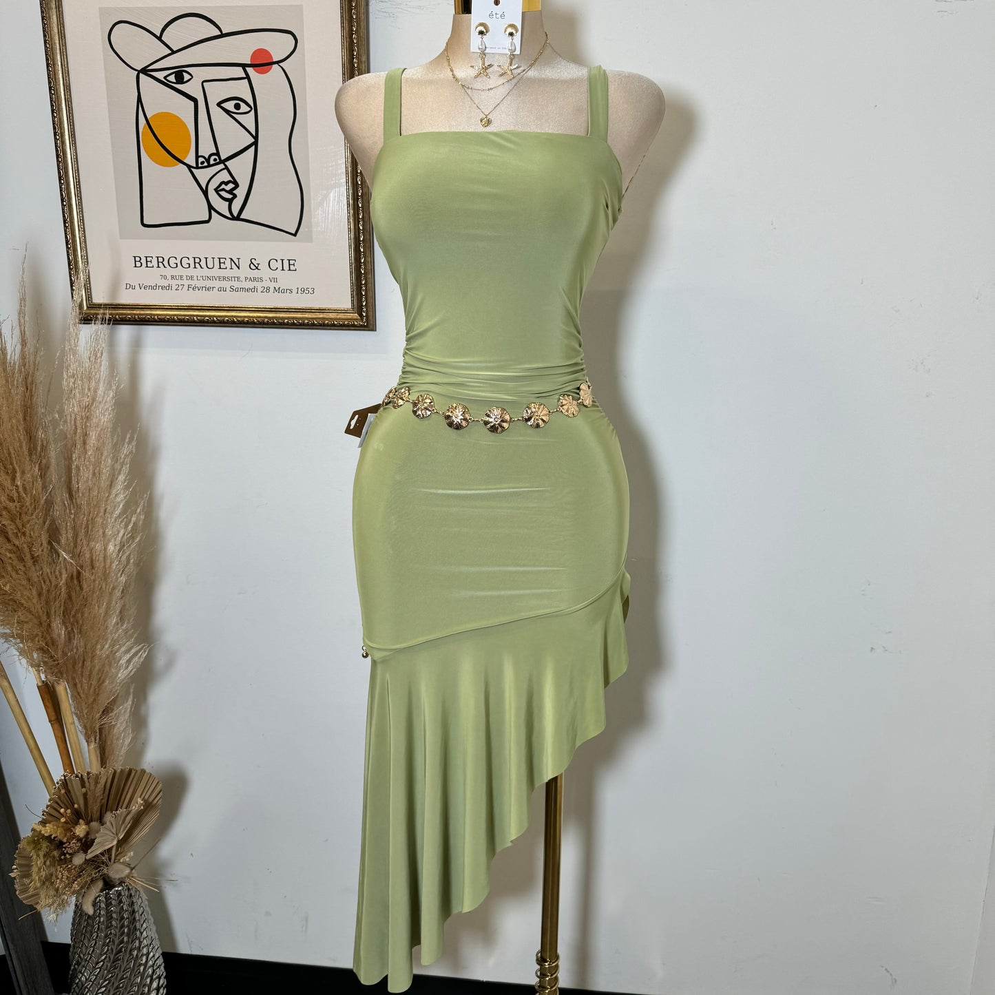 Silky Ruffle Open Slit Dress-Green