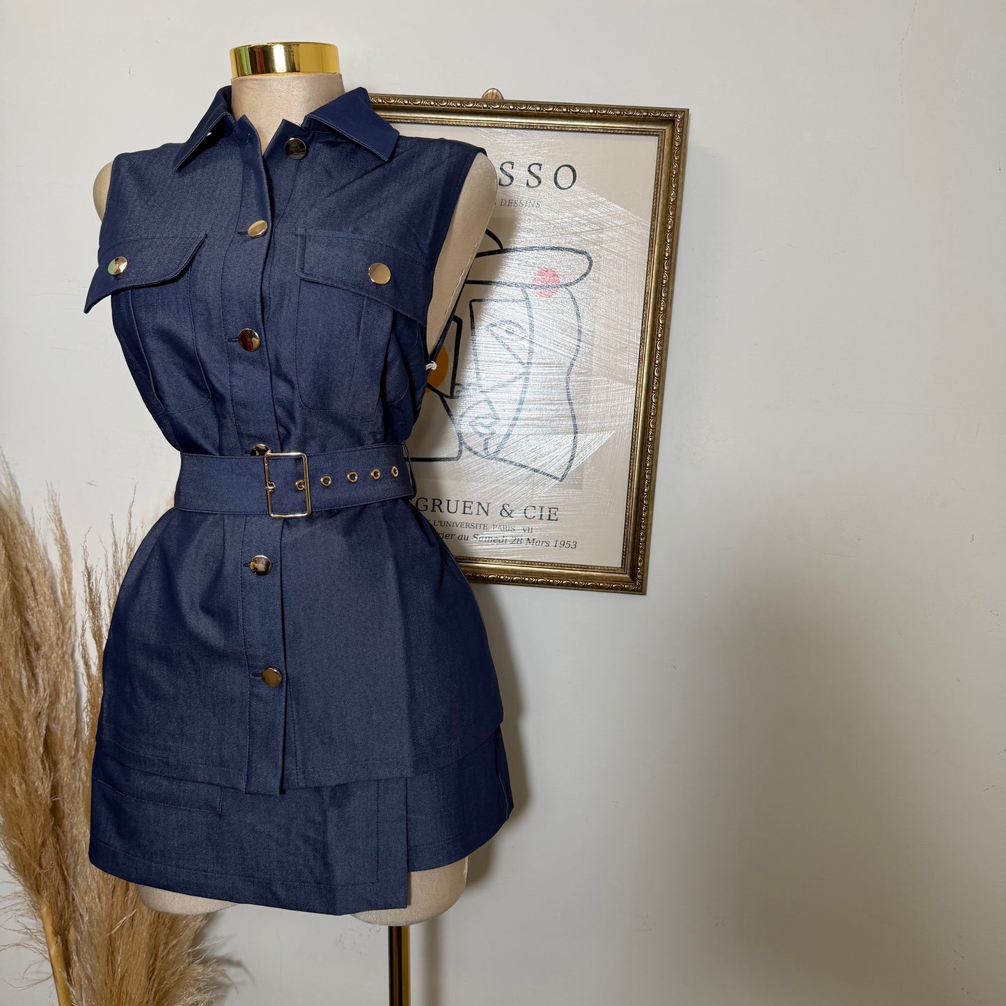 Denim Gold Buckle Belted Pocket Vest Skort Set-Dk Denim