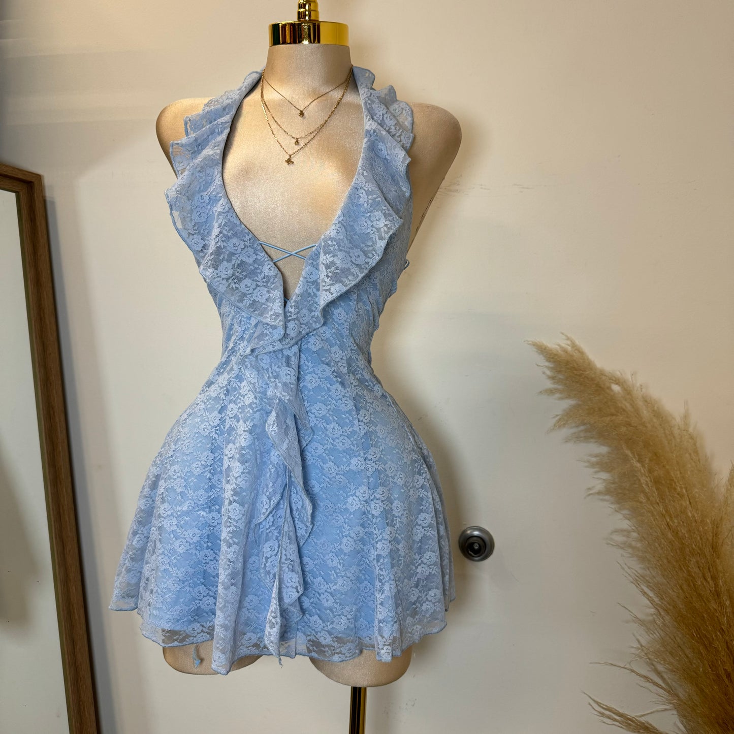 Amy Lace Halter Dress-Baby Blue