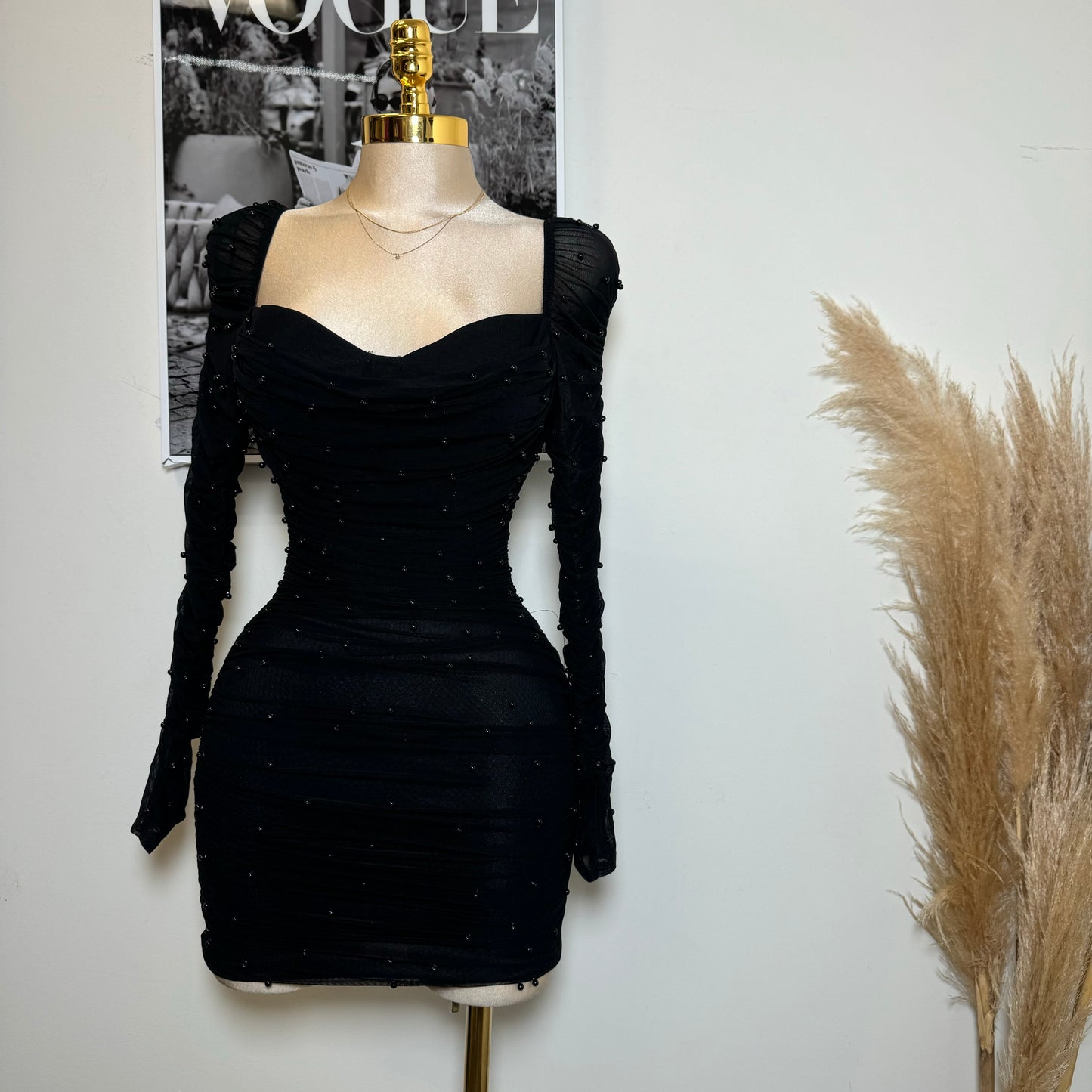 Meghan Pearl Mesh Dress-Black