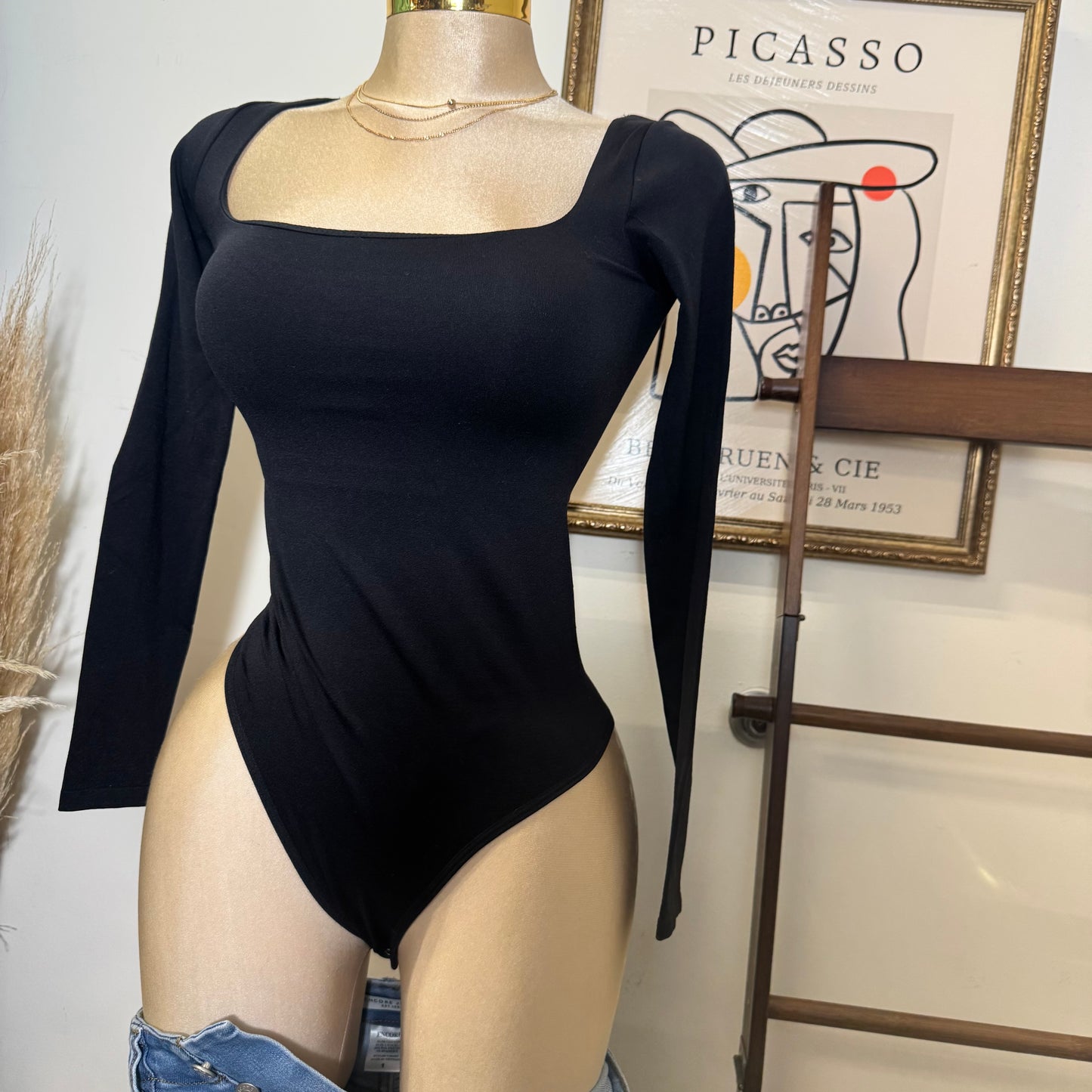 Square Neck Long Sleeveless Bodysuit-Black