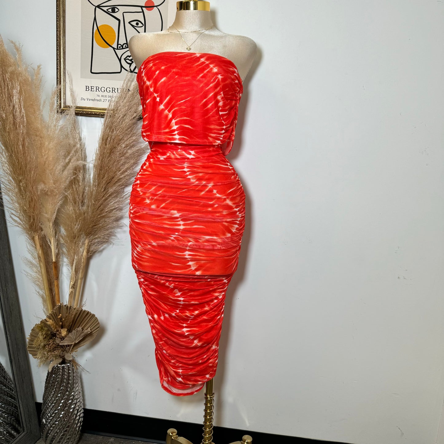 Off Shoulder Mesh Dress-Orange