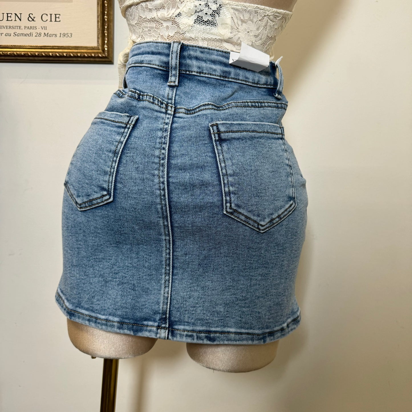 High Waisted Skirt Silver Button-LT Blue