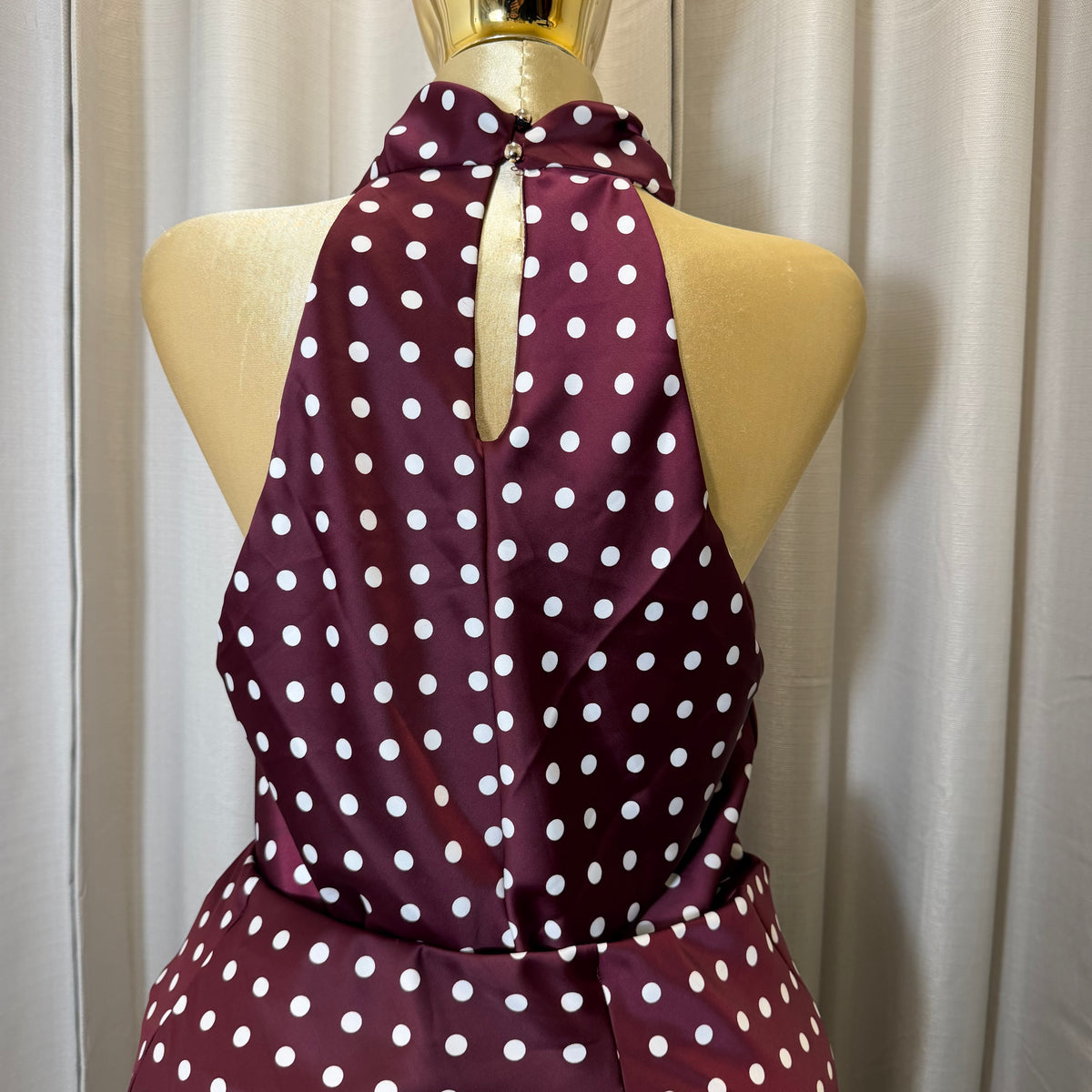 PL-Satin Halter Polka Dot Top-Burgundy/White