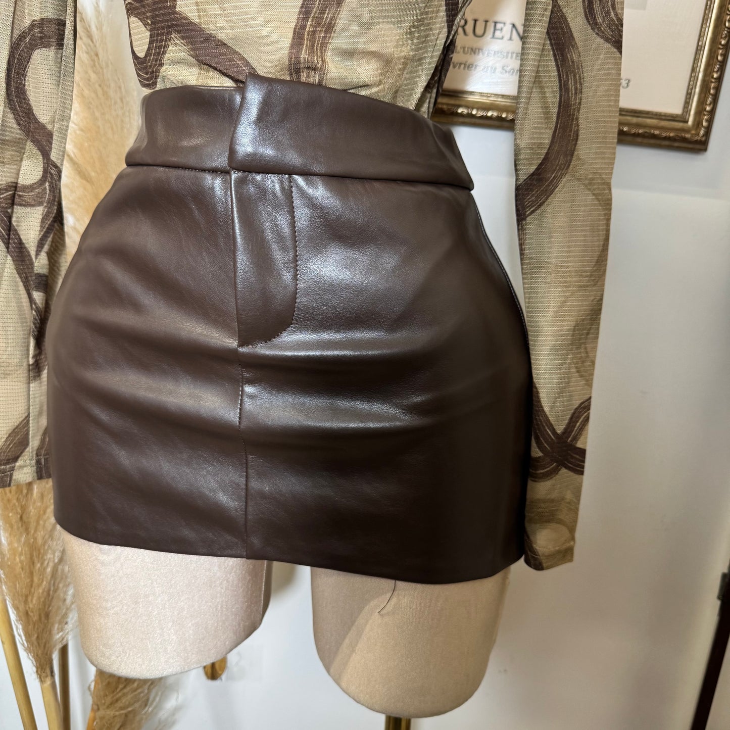 Faux Leather Mini Skirt-Chocolate