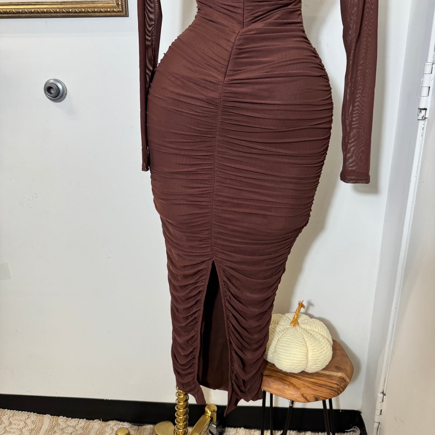 Round Neck Long Sleeve Ruching Midi Dress-Chocolate