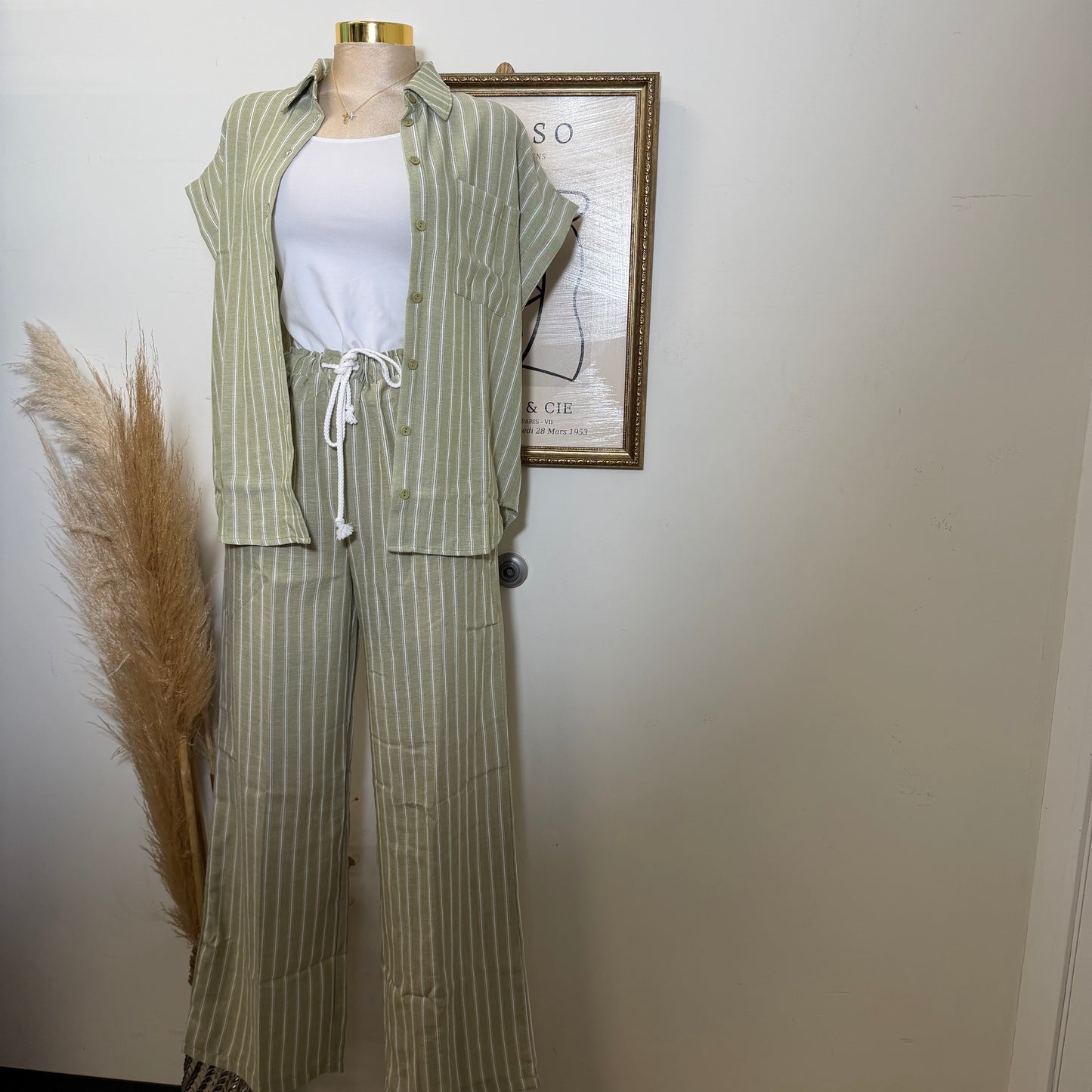 Linen Stripe Button Down Shirts Top and Pant set-Sage