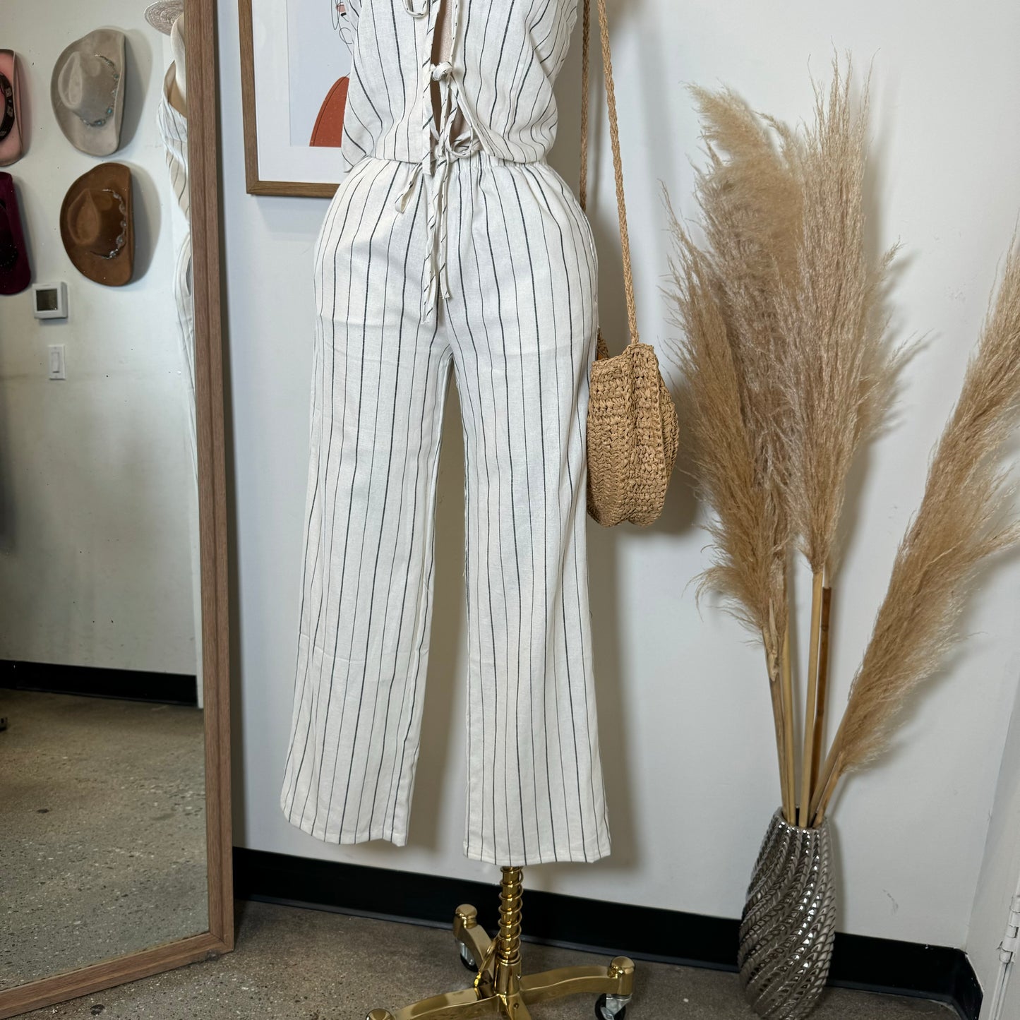 Knot Linen Pant Set-White and Black Stripes