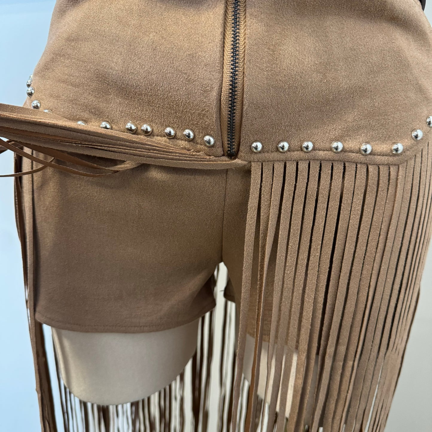 Fringe Stud Suede Shorts-Tan