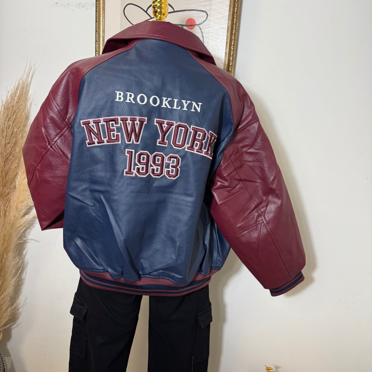 Faux Leather Oversize Jacket -Navy/Burgundy