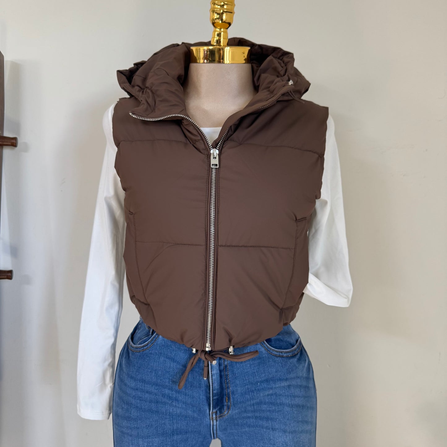 Cropped Puffer Vest W/ Adjustable Drawstrings- Espresso