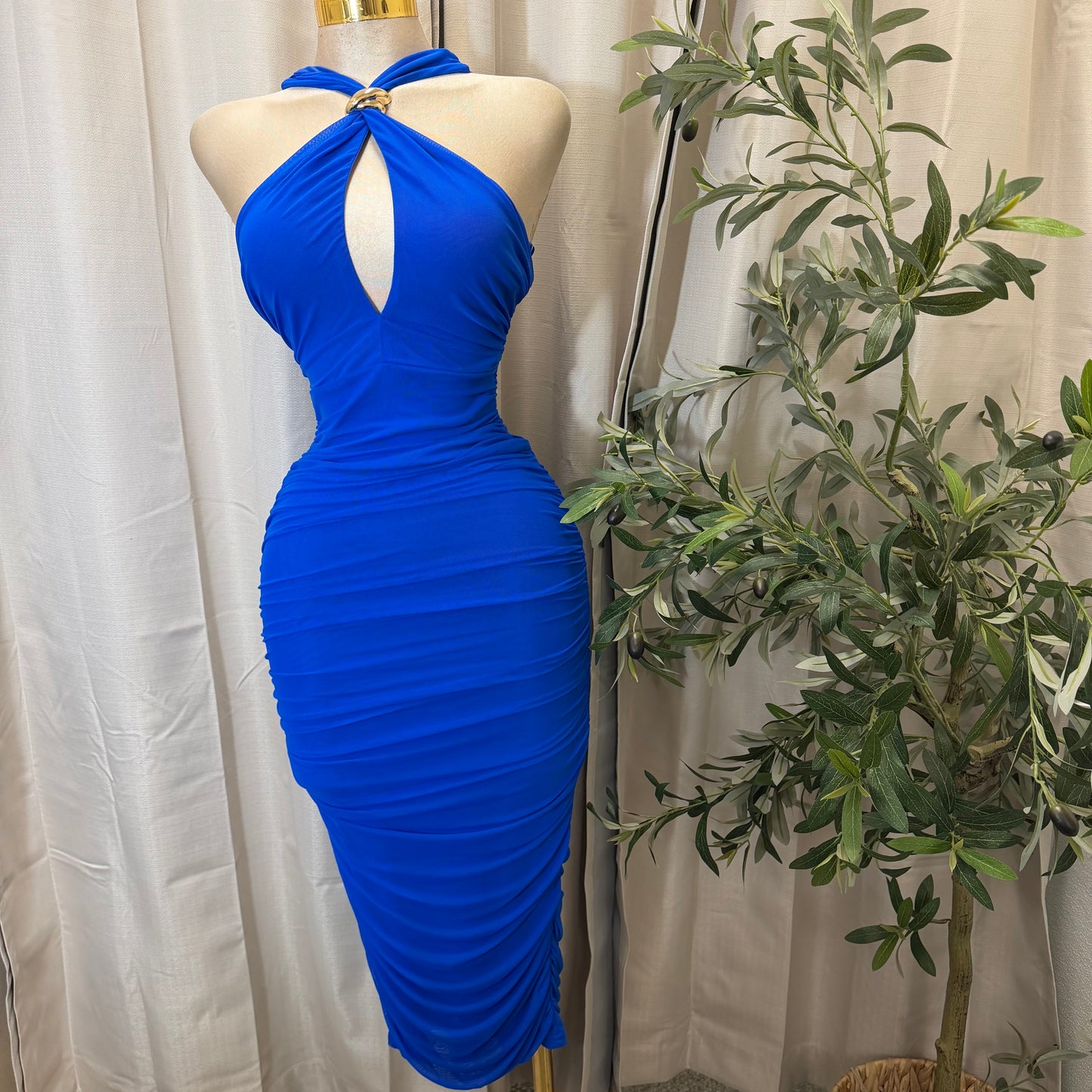 Halter Neck Trim Inset Ruched Bodycon Midi Dress-Royal Blue
