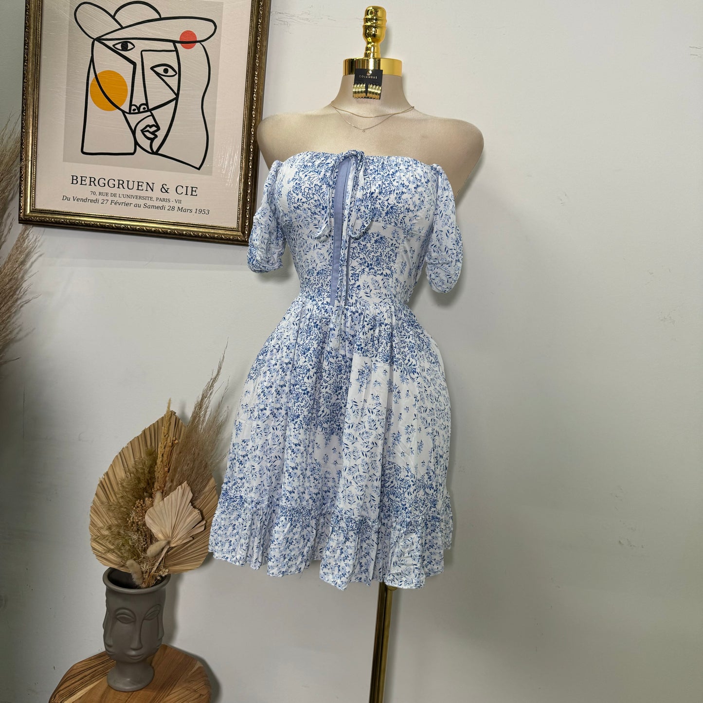 Square Neck Floral Corset Dress-Blue