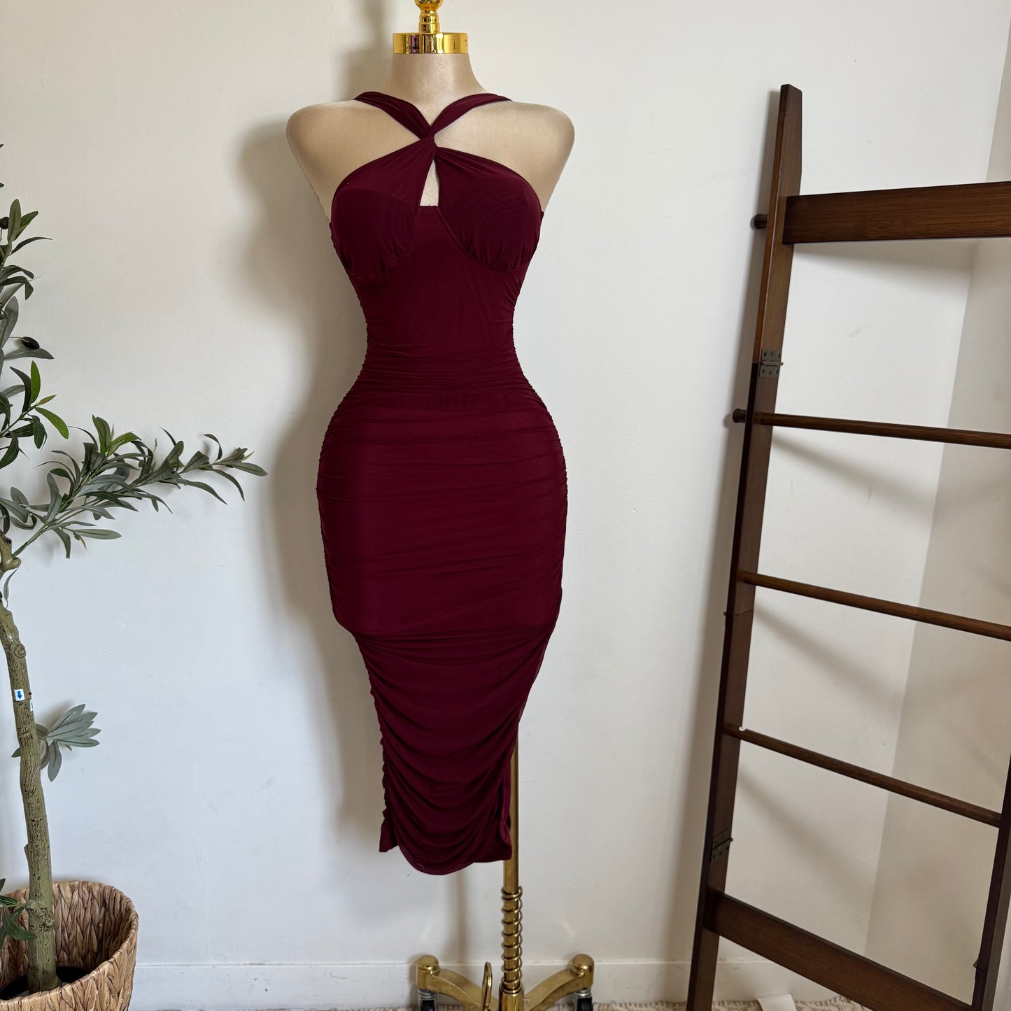 Inara Mesh Twist Halter Neck Midi Dress-Burgundy