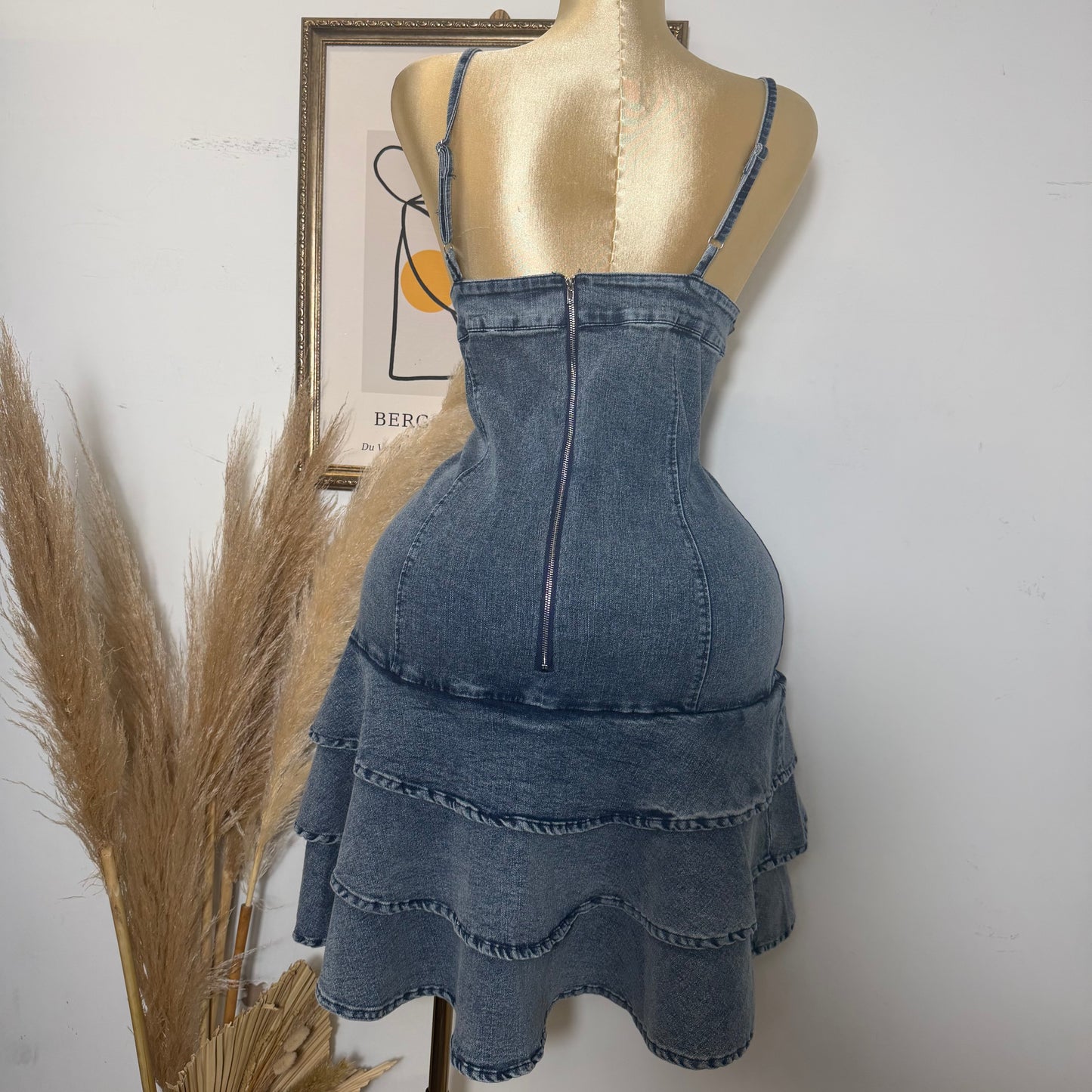 PL Sleeveless Denim Mini Dress with thin straps-acid Denim