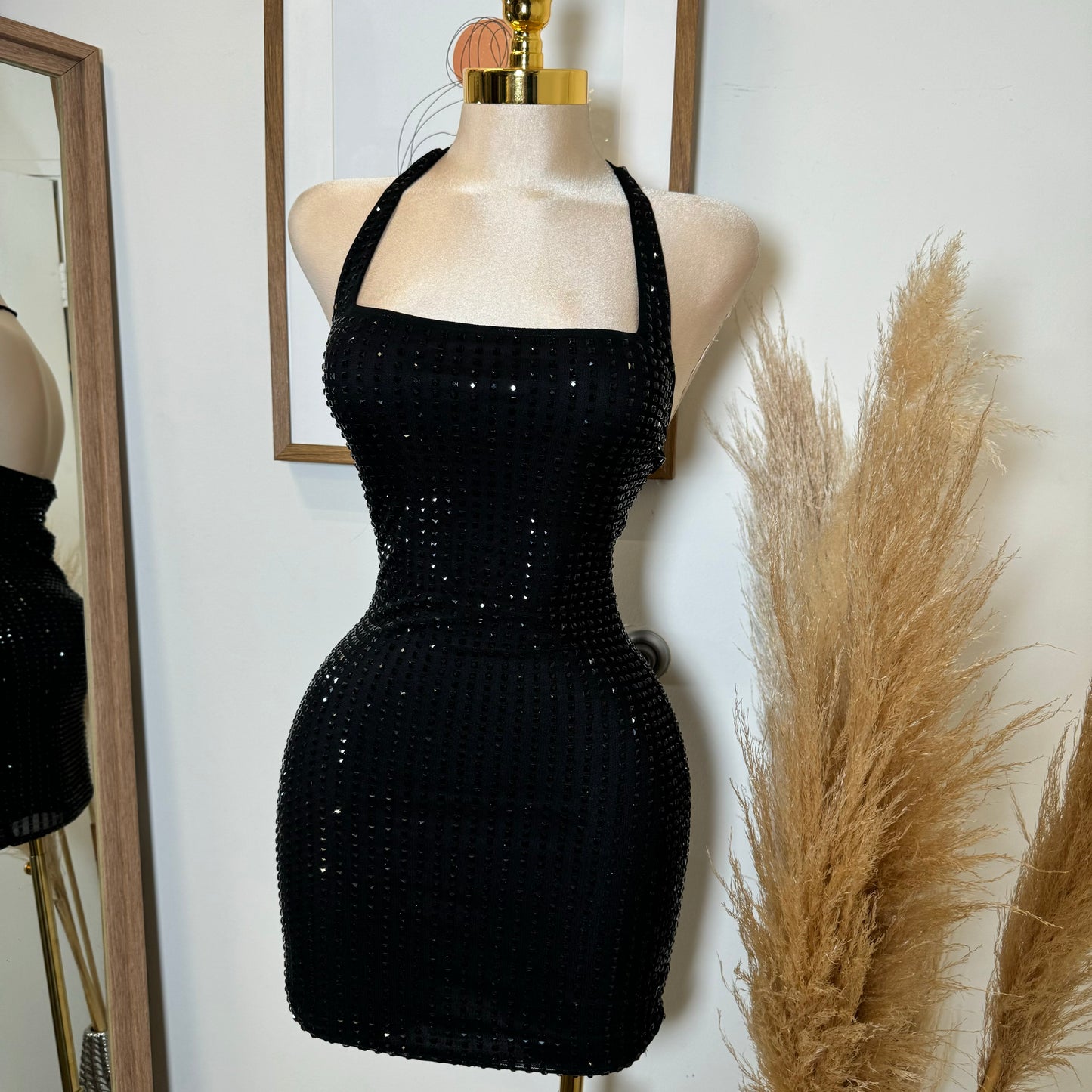 Vegas Rhinestone Halter Dress-Black