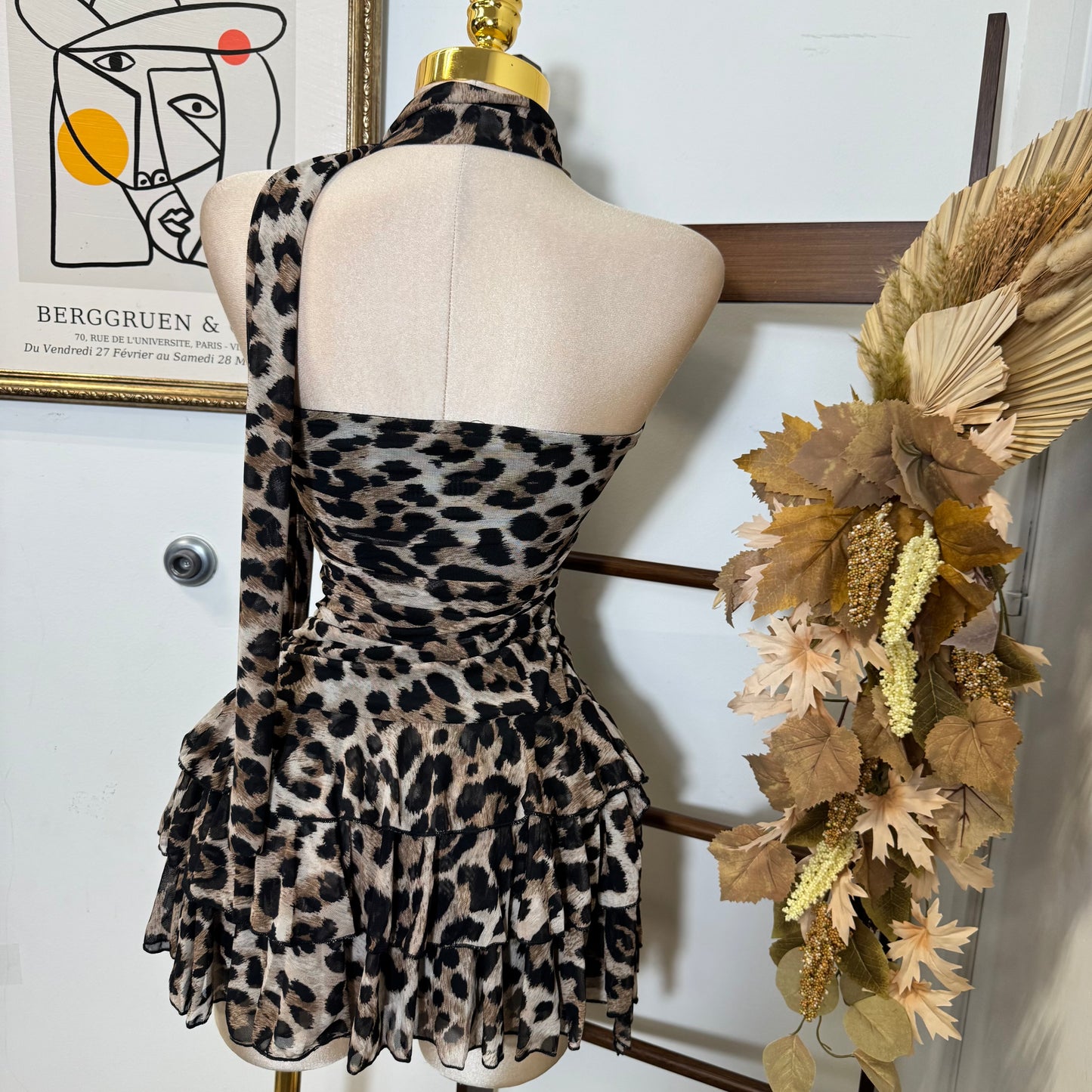 Strapless Tiered Ruffle Mini Dress with attached Scarf-Brown
