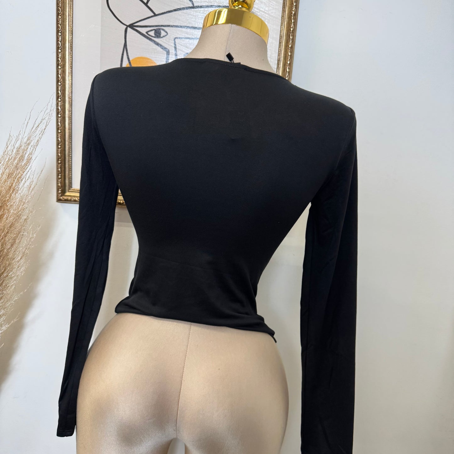 Ruched V-Neck Long Sleeve Double Layered Top-Black