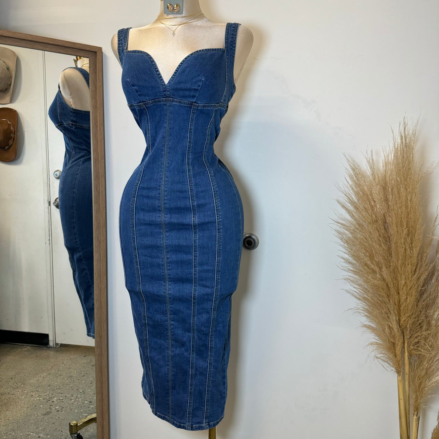 Denim Midi Dress-DK Blue