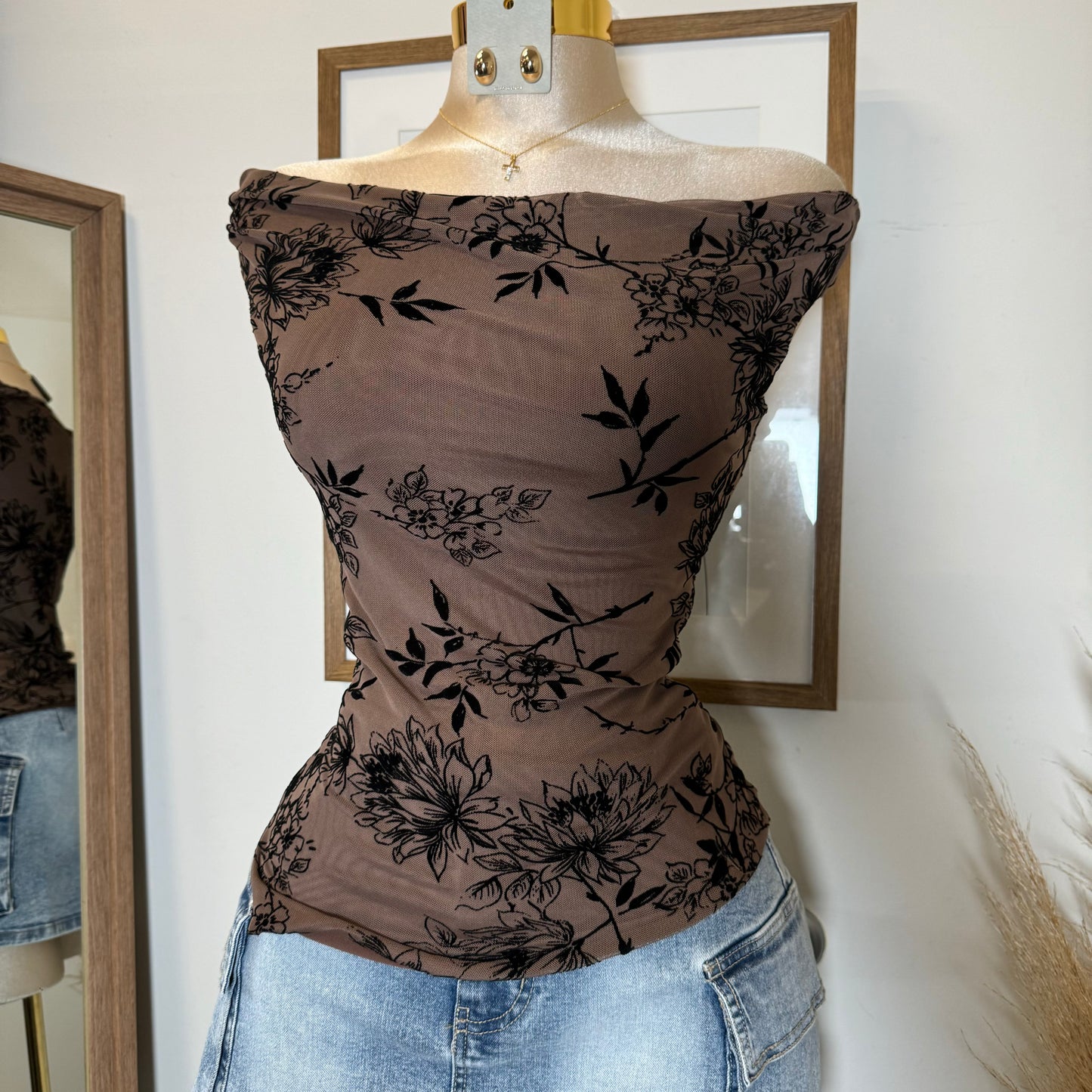 Elina Flocked Mesh Off Shoulder Top-Mocha