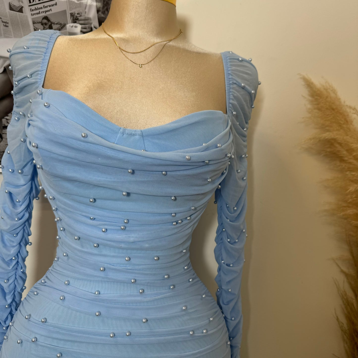 Meghan Pearl Mesh Dress-Baby Blue