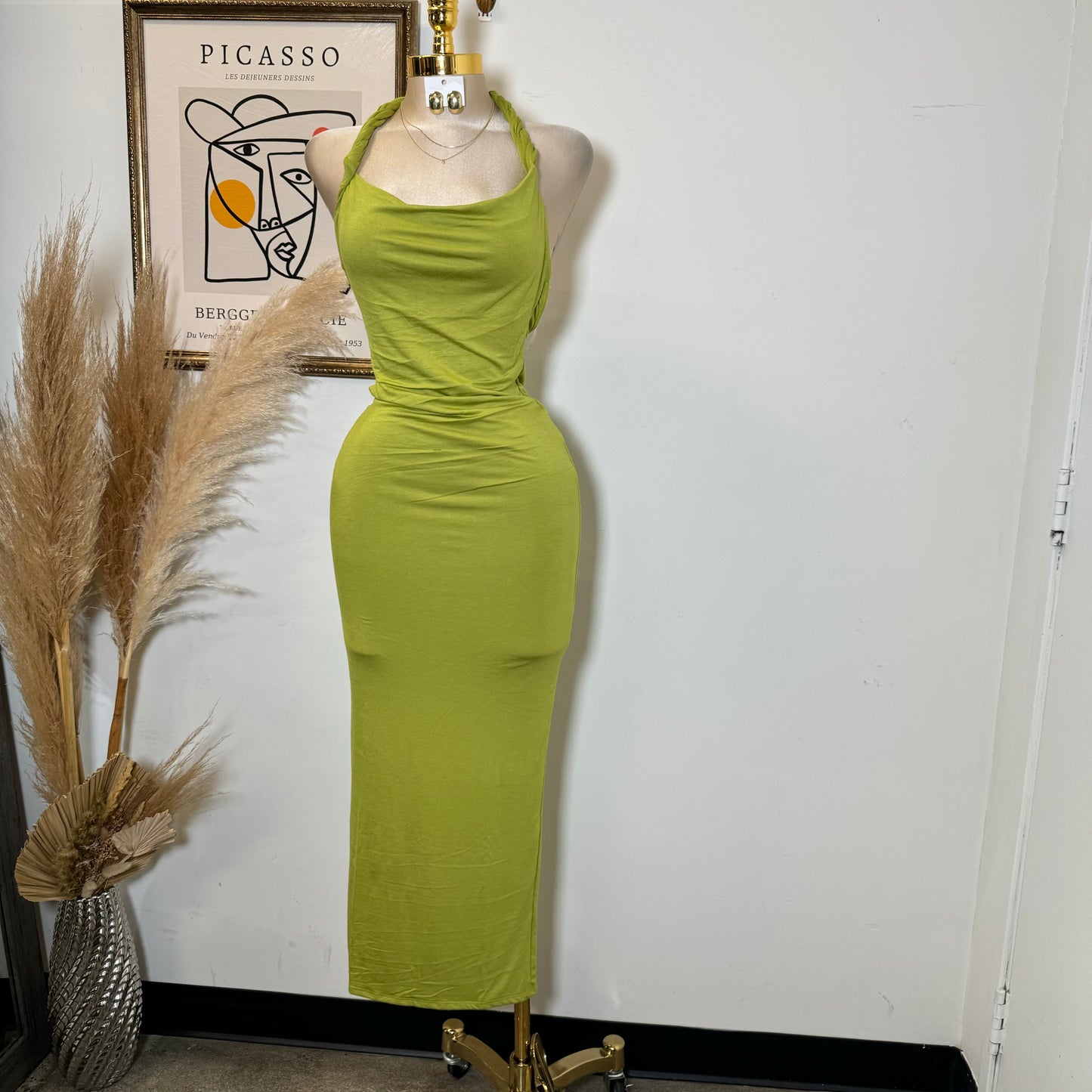 Braided Halter Dress-Green
