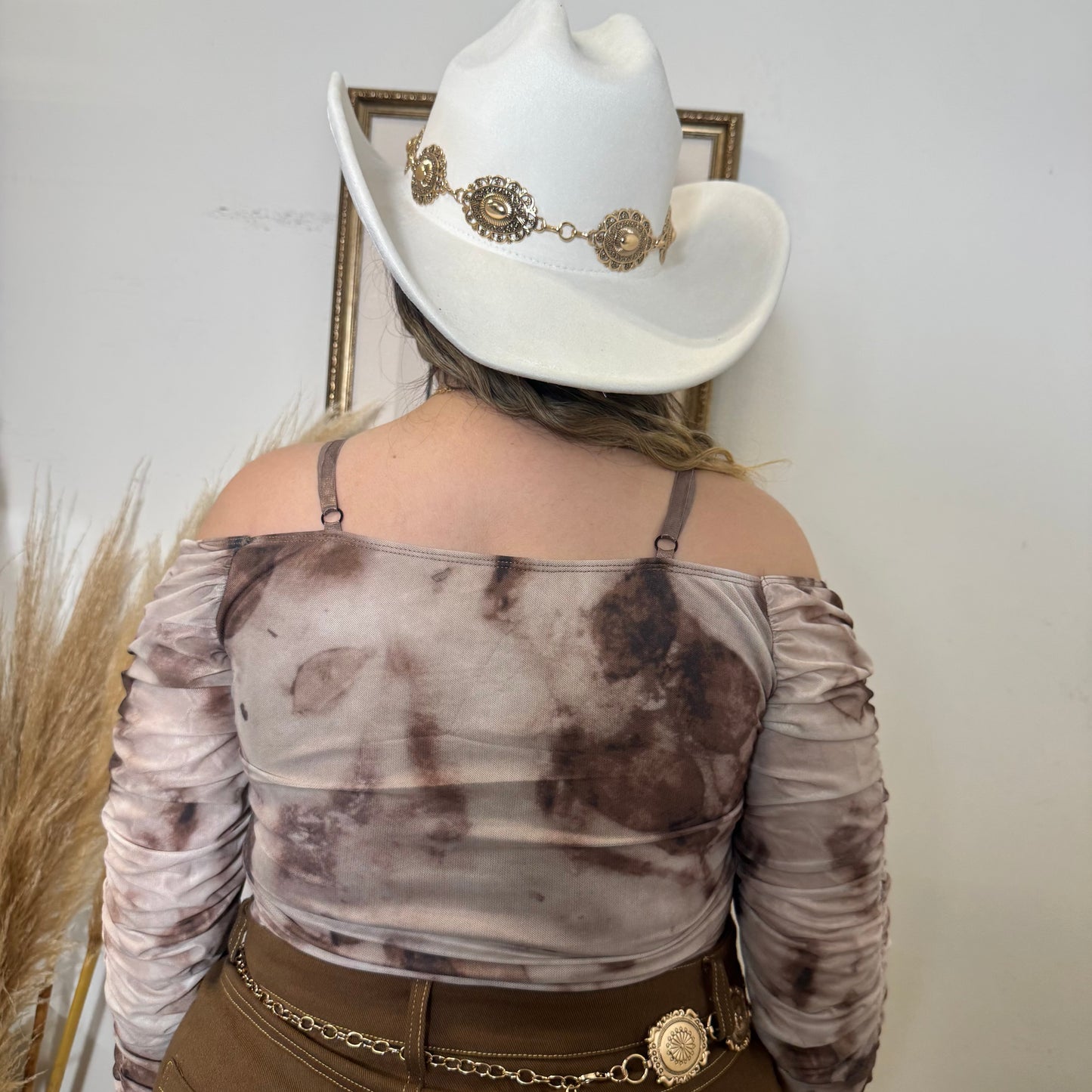Off Shoulder sheer Mesh Print Ruched Top-Brown