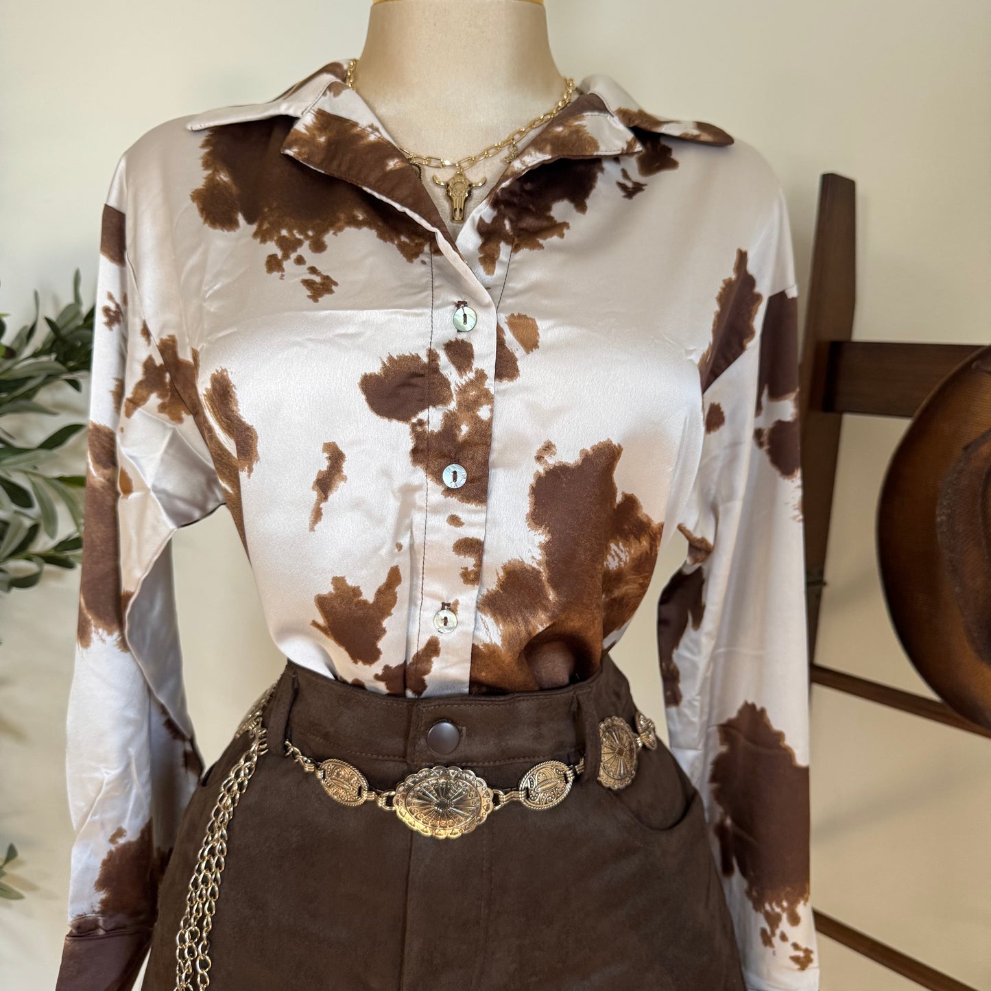 Cow Print Satin Button Down Long sleeve Shirt-Brown
