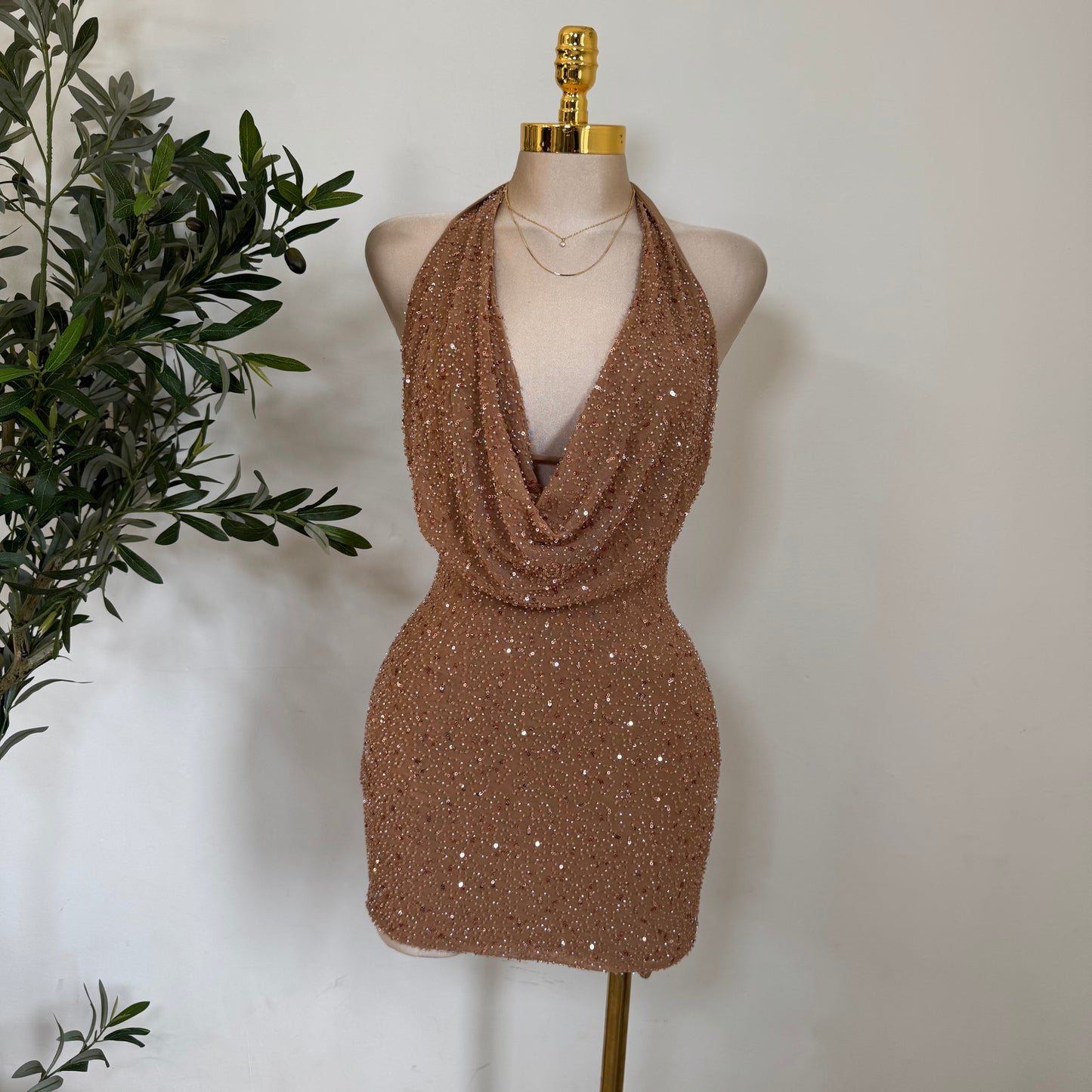 Cowl Sequins Dress-Mocha
