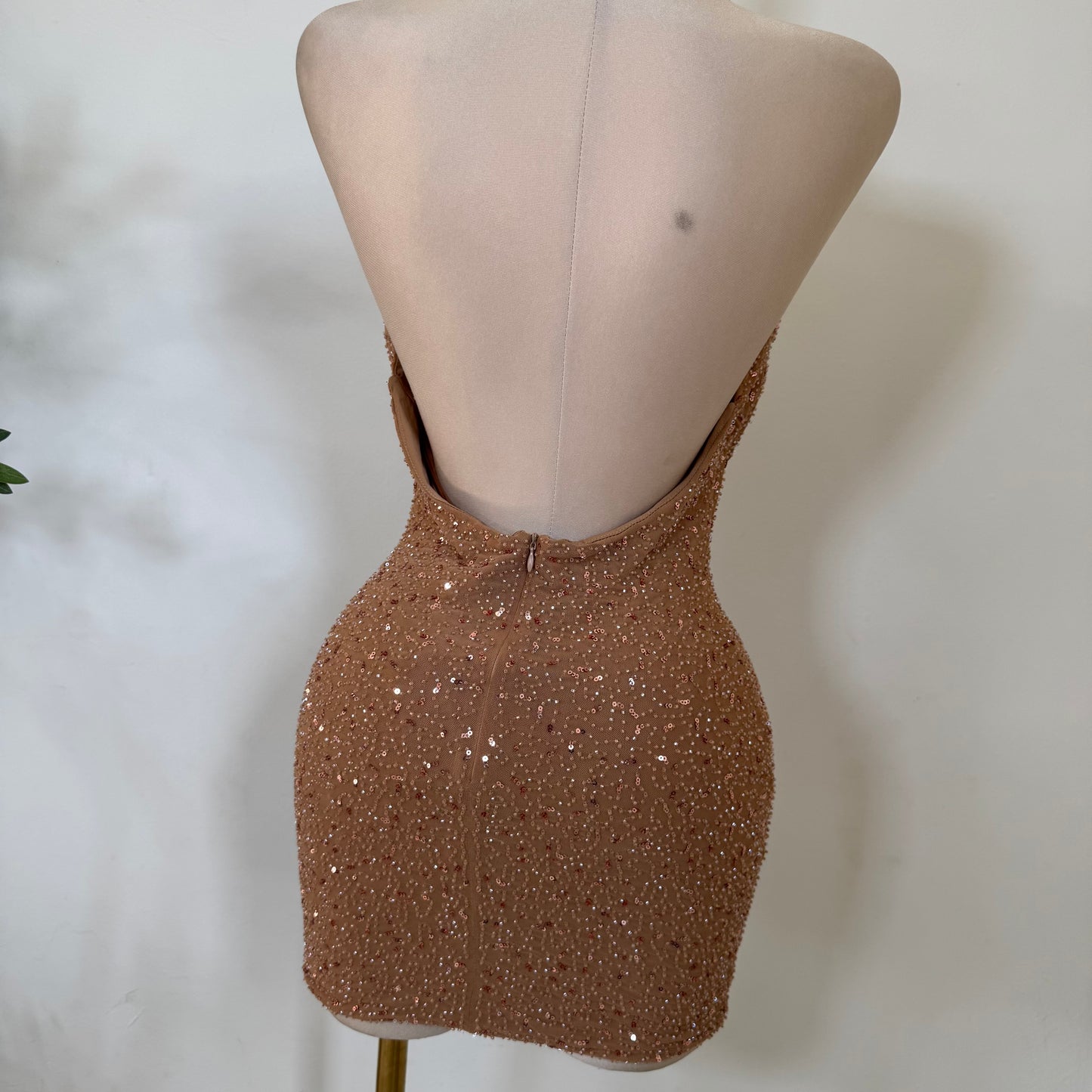 Cowl Sequins Dress-Mocha