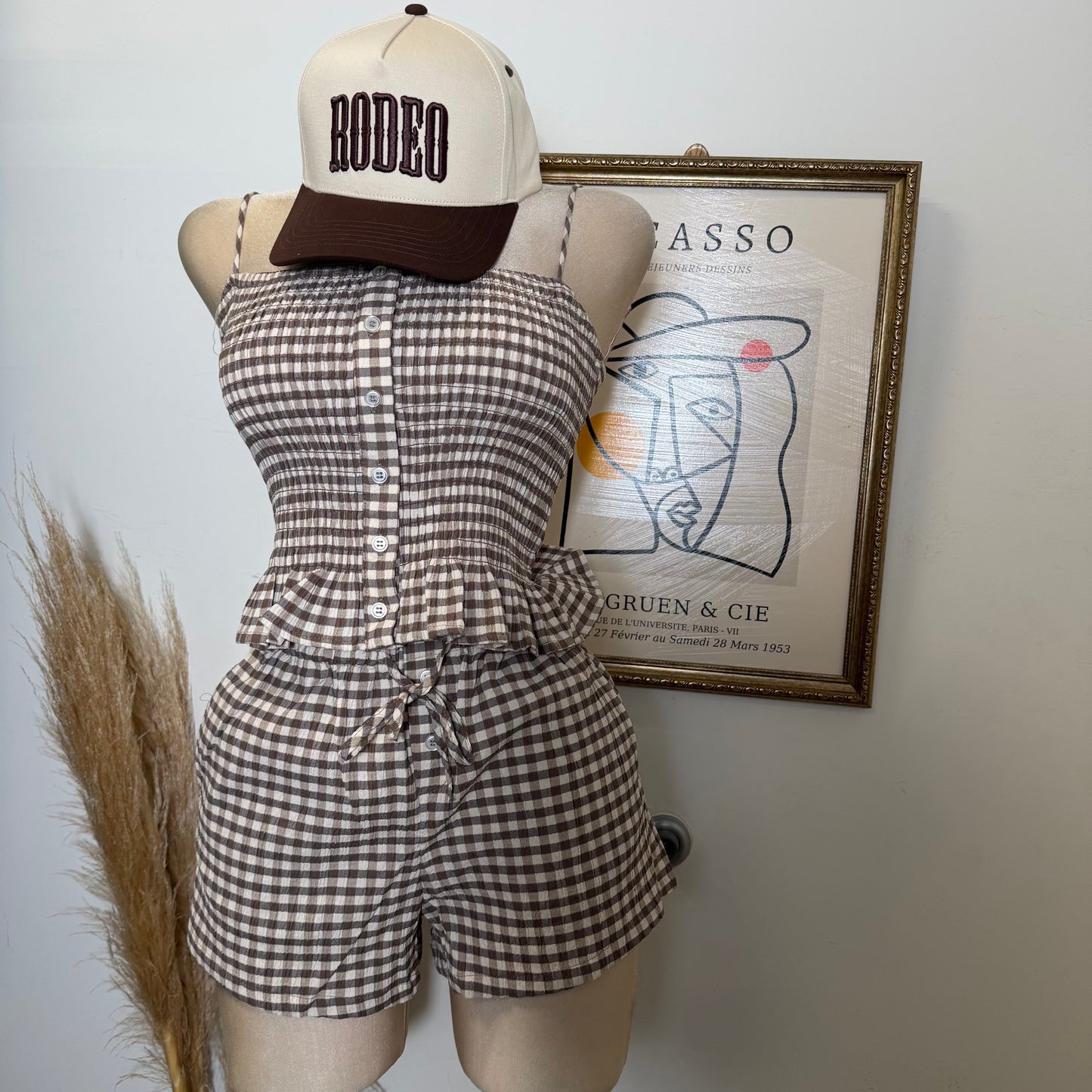 Smocked Gingham Peplum Short Two piece set-Mocha