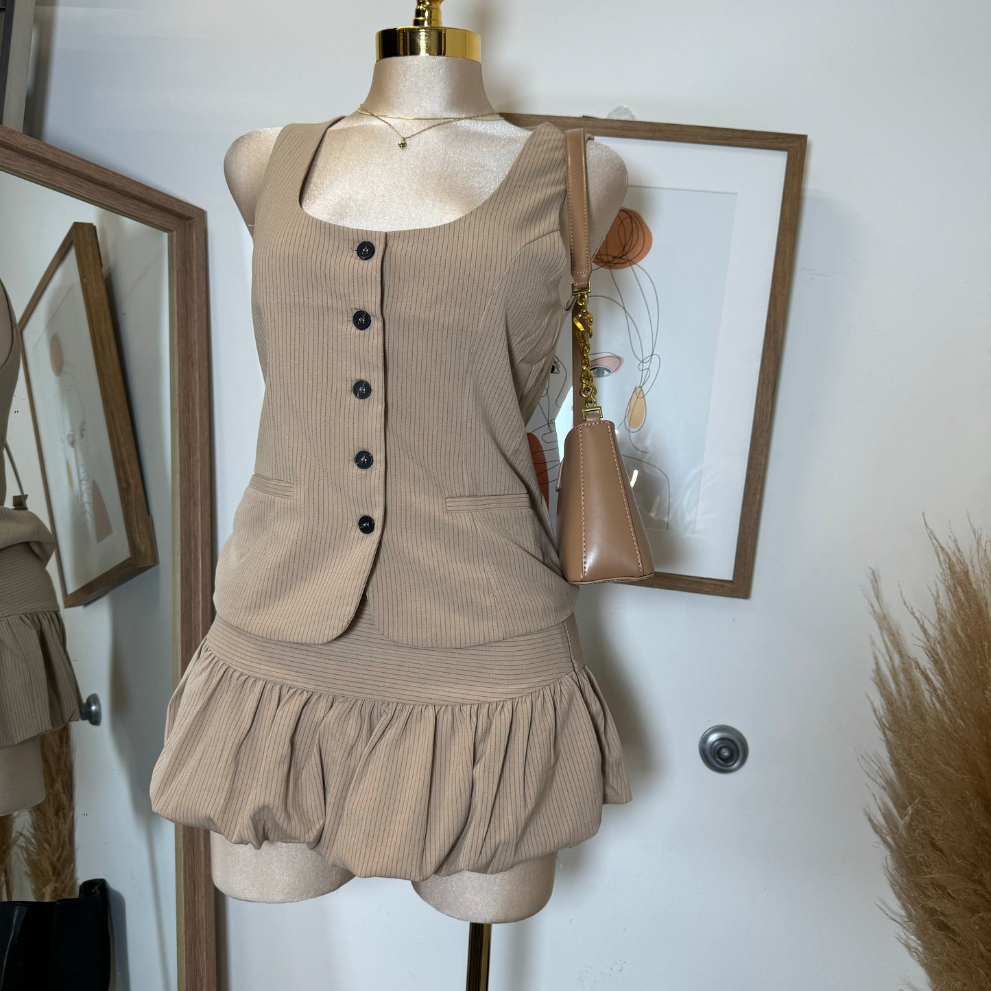 Camila Vest bubble skirt Set-Brown/Black