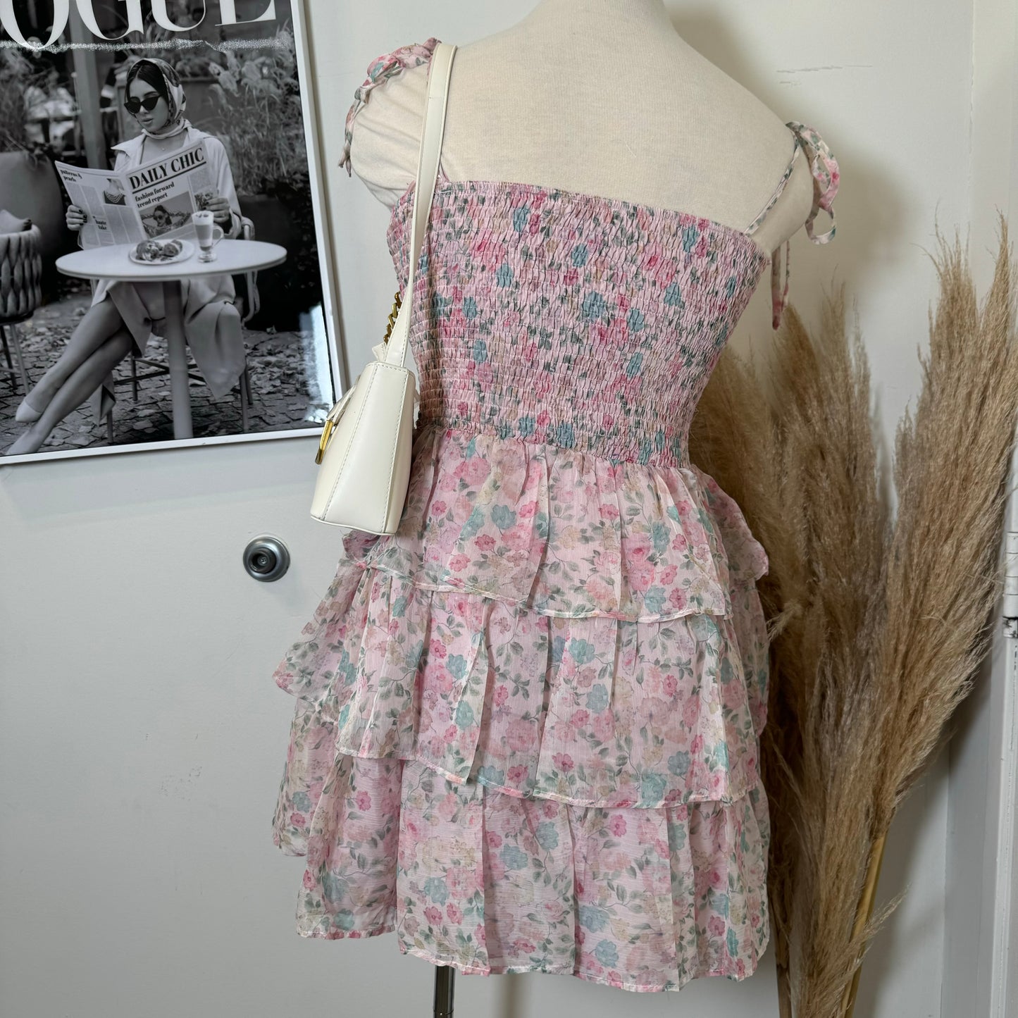 Floral Smoked Tiered Ruffle Dress PL-Pink