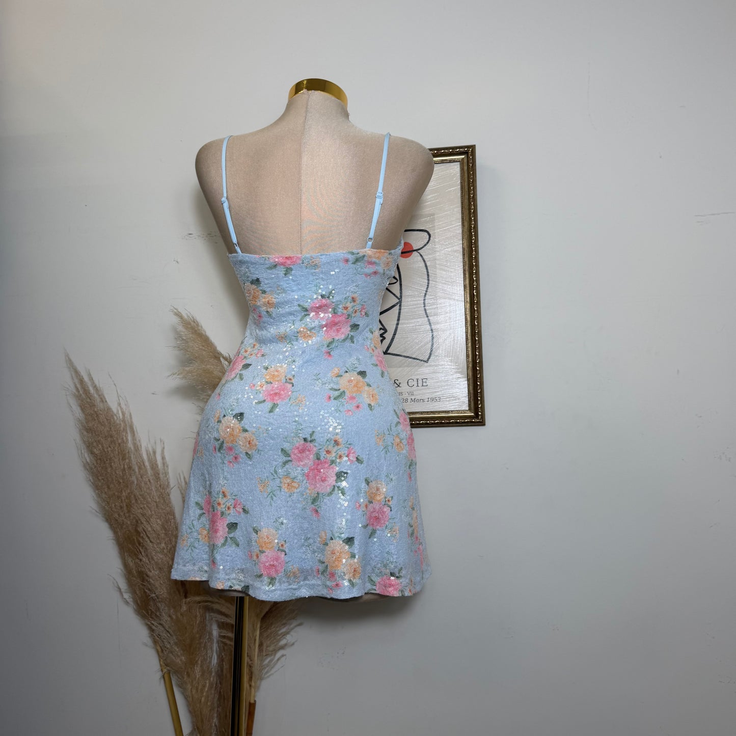 Sequins Floral Pleated A-Line Mini Dress-blue