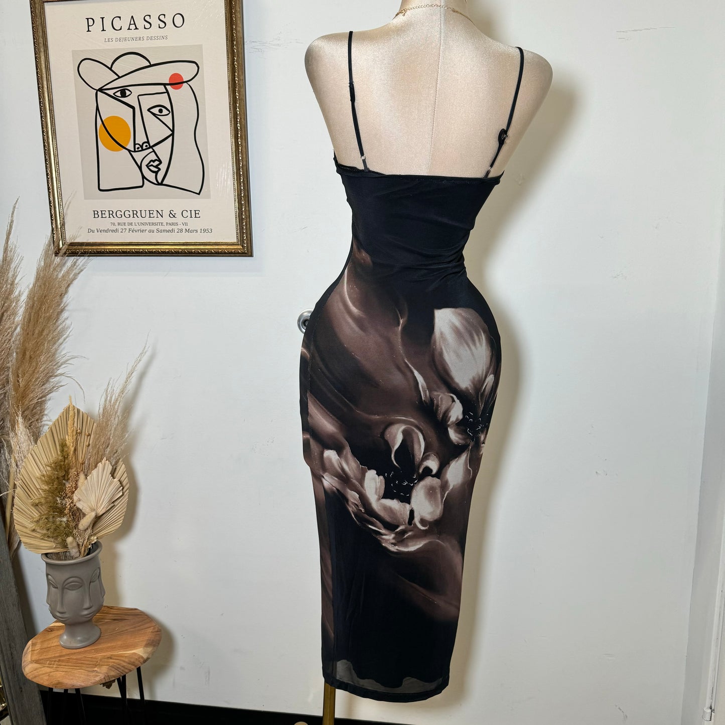 Alivis Mesh Spaghetti Dress-Black/Brown