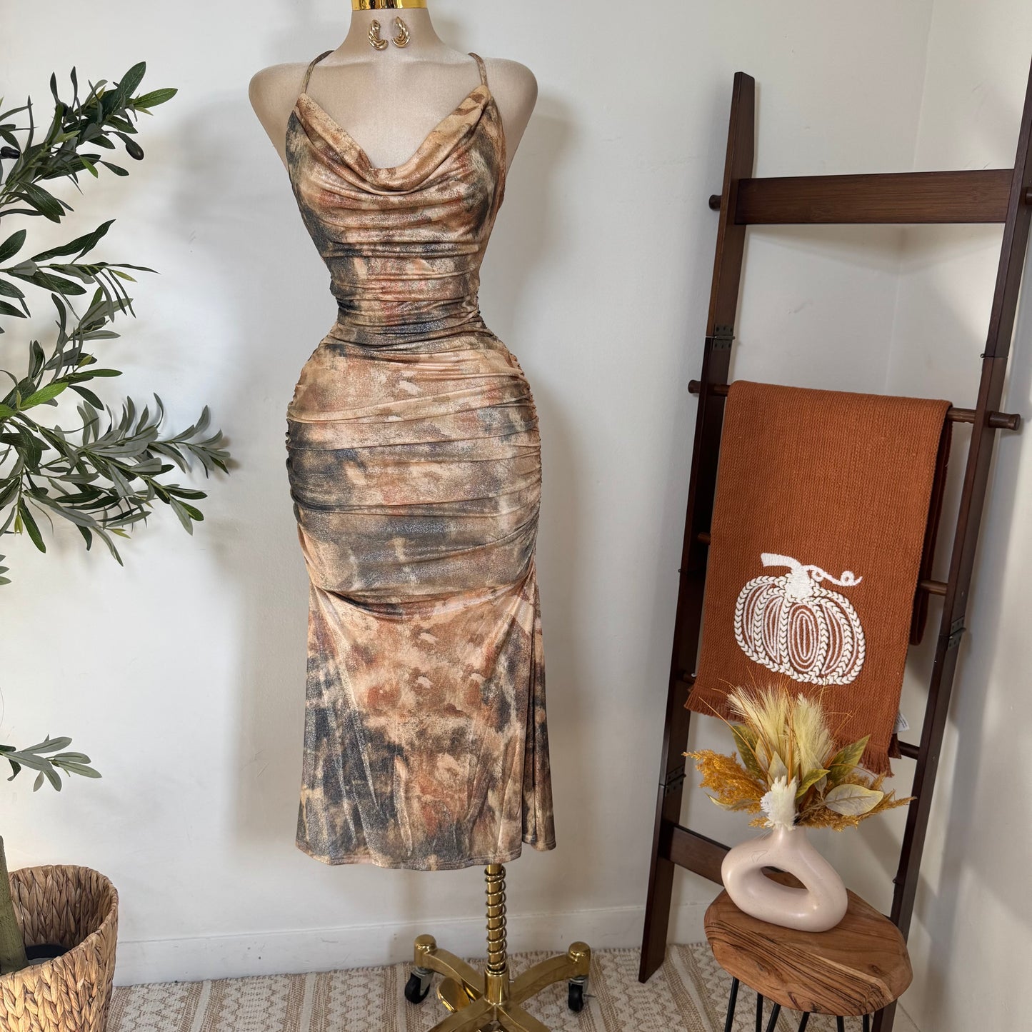 Deep Plunge Halter Neck Ruched A-Line Midi Dress-Brown Gold Multi