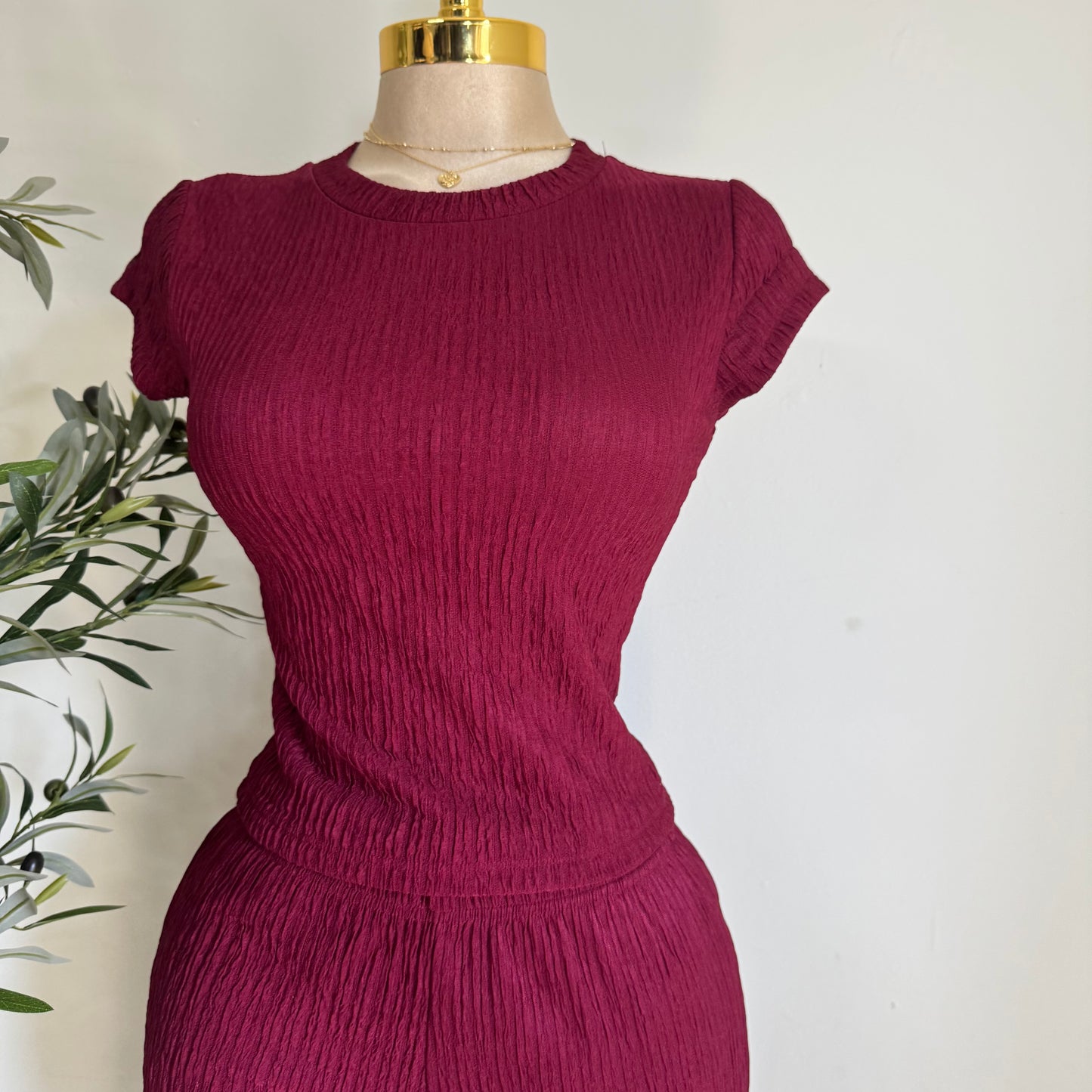 Tamara Short Sleeve Piece Set-Burgundy