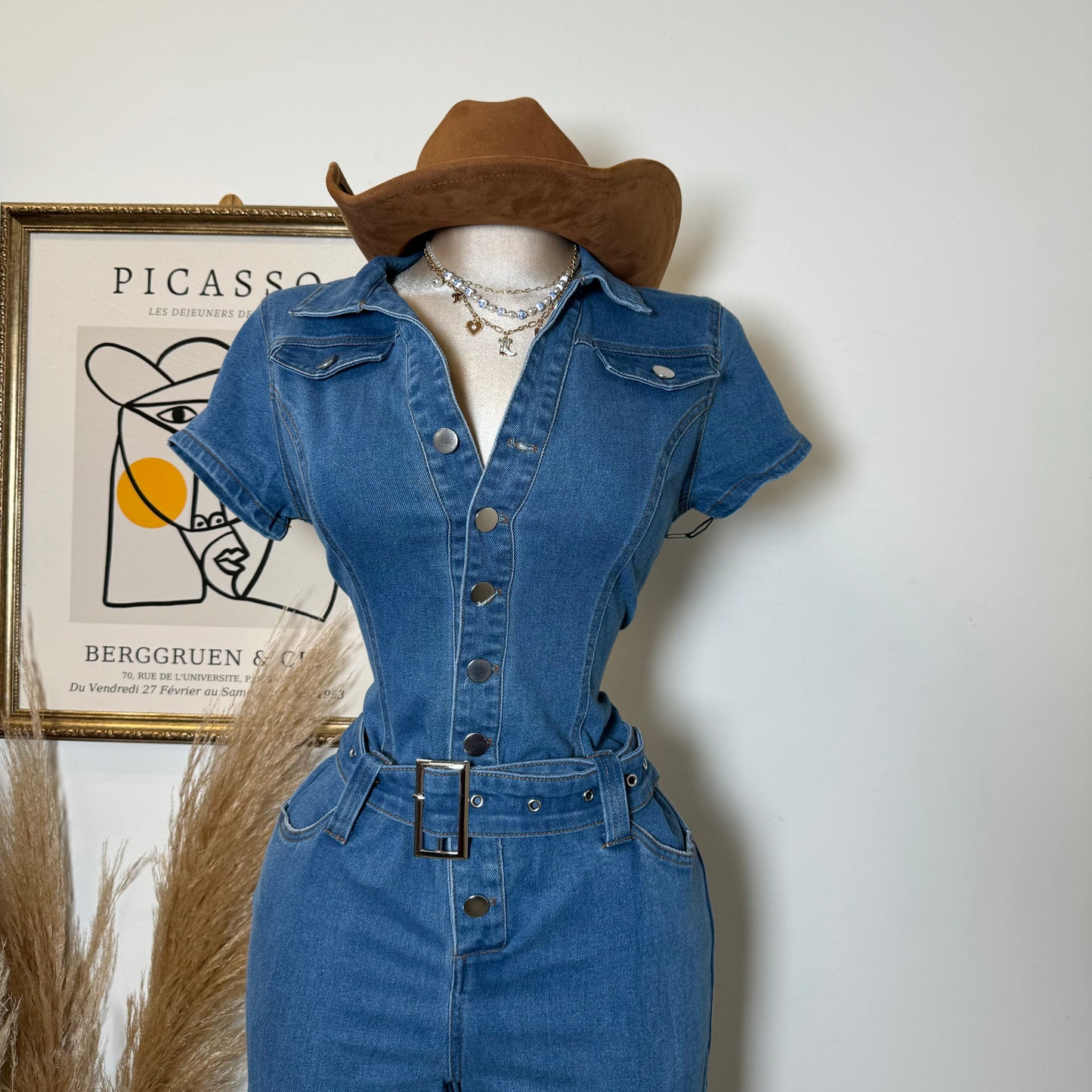 Belt Short Sleeve Jumpsuit-Denim Blue
