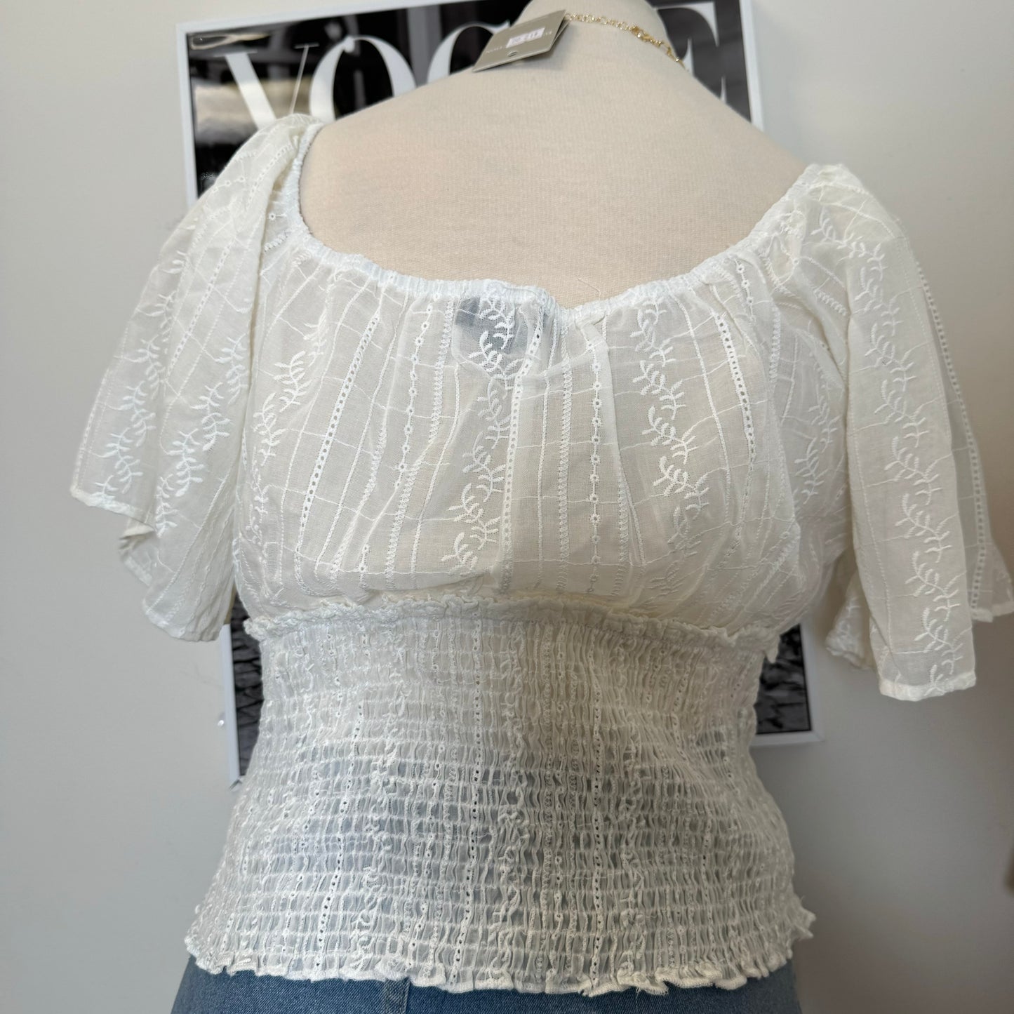 Embroidered Sheer lace Peasant Top-White