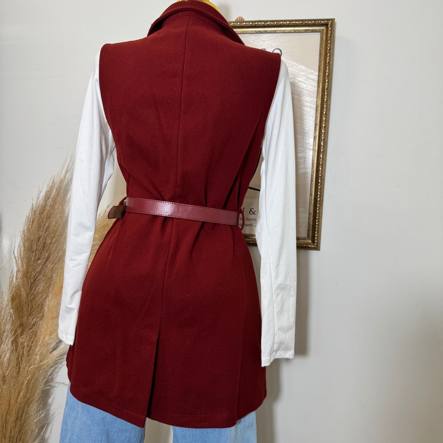 Brush leather Belted Blazer Coat Vest-burgundy
